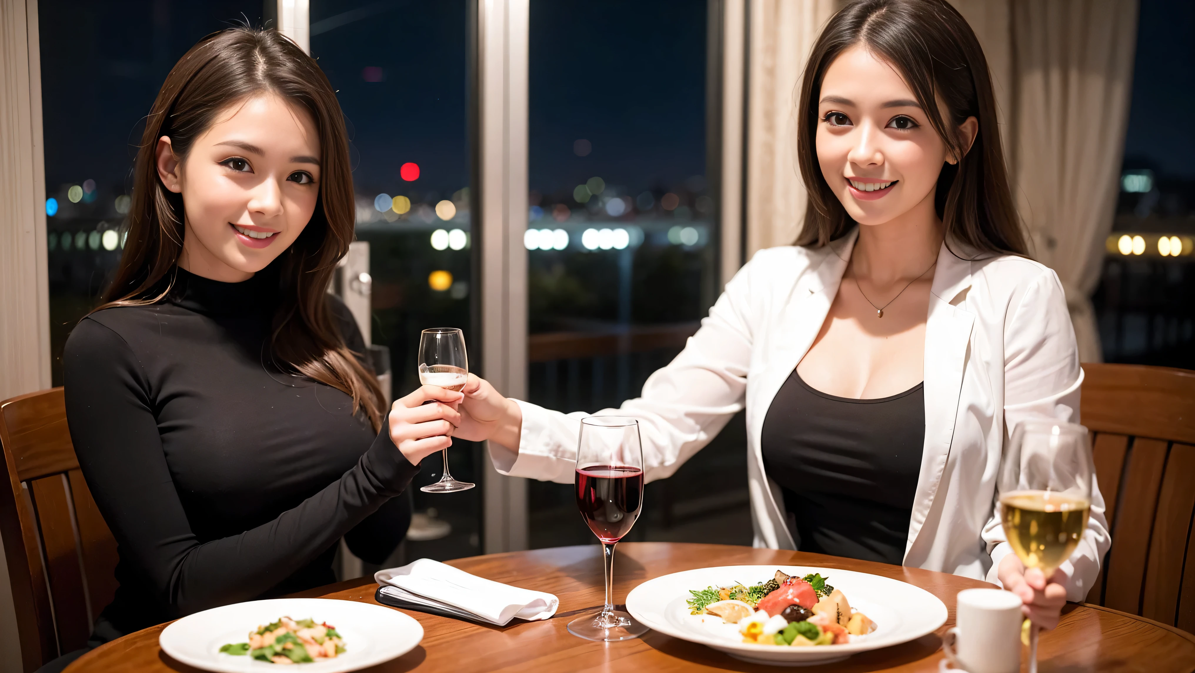 (including 64k, nffsw, highest quality, table top: 1.2), (realistic, photorealistic: 1.37),amazing view of the evening sky, cloud, and rainbow、best scenery、amazing sunset view、 long sleeve shirt、winter fashion、Columbia、Brazilian、Japanese、Dutch、German、Portuguese、Belgian、Italian、French,Champagne、sparkling wine、 (slimフェイス), (slimボティ), (brown hair), (shortcut), neat beauty、cheeks turn a little red, (35 years old), 38 years old, alone, 窓の外には美しく緻密なnight景が広がります., restaurant, wine glassが座っている, nightに, in a prominent place (from the Upper body) nova frog style, actress, model, Upper body, White wine, slim, wine glass, Super Clean night View, wine glass Put in the Middle, Happy smile, (smile: 1.15), beautiful and detailed eyes, Upper body, bust japan up, night, short, short, actress, model, Upper body, White wine, slim, wine glass, Super Clean night View, wine glass Put in the Middle, Happy smile,