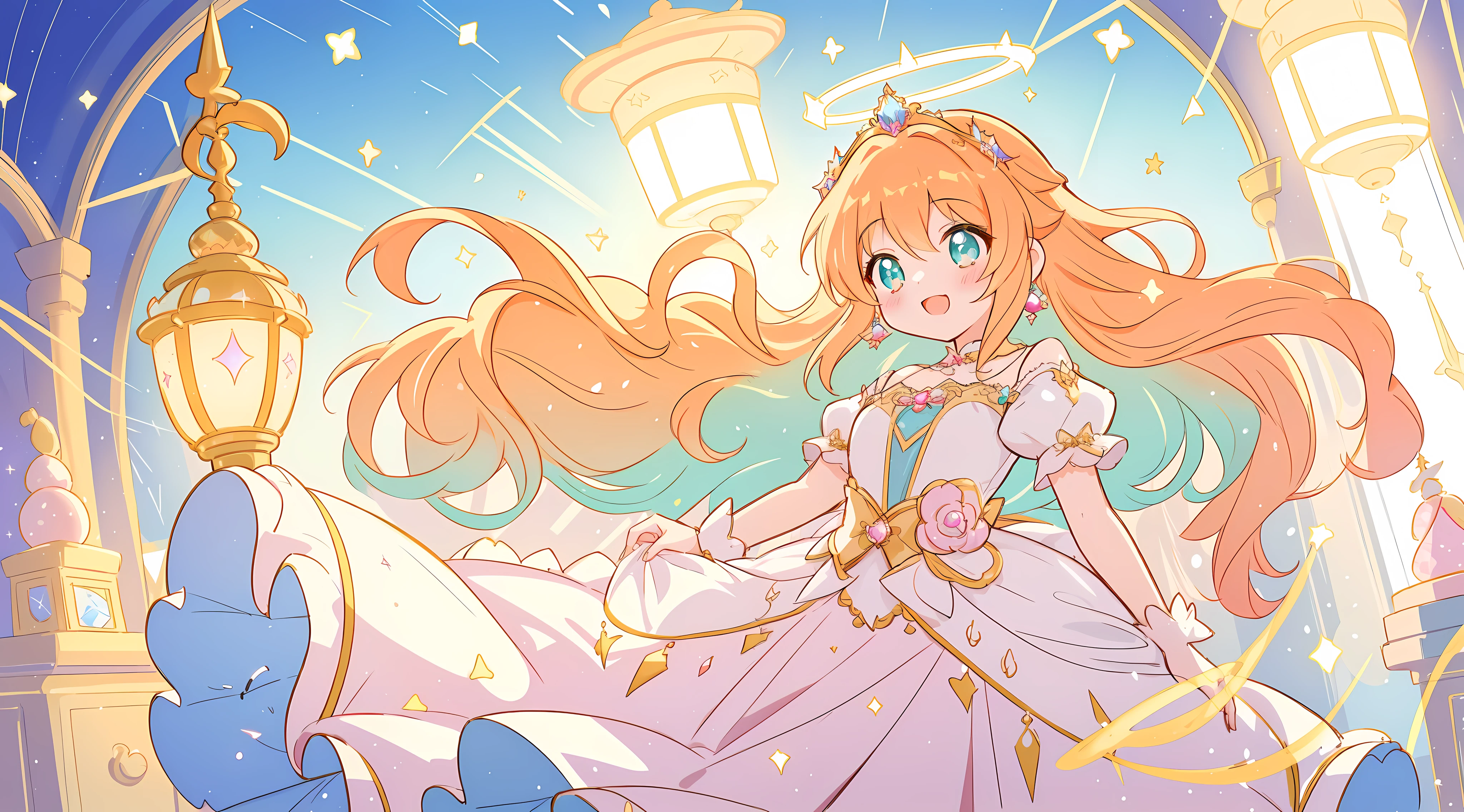 beautiful girl, Fluffy tiered princess ball gown, Vibrant pastel colors, (colorful), magic lights, flowing golden hair, inspired Glenn Keane, inspired author：Louis van Baarle, disney art style, author：Louis van Baarle, A dazzling halo surrounds her, Glenn Keane, just a joke, Night light! number, 美丽的number插图, fantasy曲背景, whimsical, magic, fantasy, pretty face, ((masterpiece, best quality)), intricate details, Very detailed, sharp focus, 8k resolution, sparkling and delicate eyes