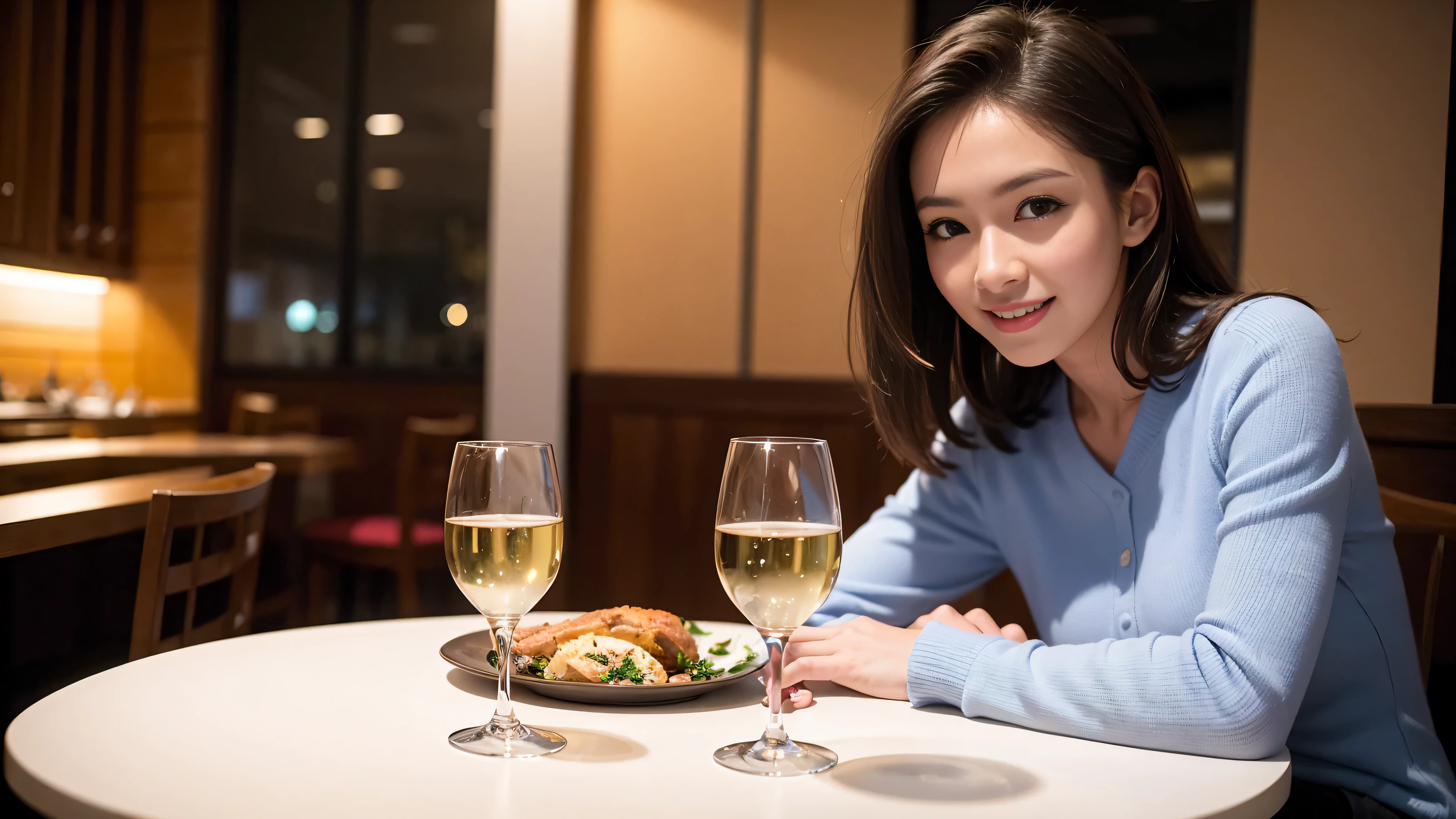 ((Highest quality、8K、masterpiece:1.3))、cute、slimカップル、modelカップル、actress男優、(Realistic, Intricate details:1.2), full-course dinner、Wine Party、Amazing view of the sunset sky and clouds、A bright smile、short hair,Bright Face、 (Age 45), 42 years old, red wine 、Appetizers、Italian food、Wine bottle、Champagne、sparkling wine、Two beauties、Brown Hair、Shortcuts、Long sleeve shirt、dress、Beautiful woman 1, (slimな顔), (The body is slim), (Brown Hair), (Shortcuts), cheeks turn a little red,Attractive beauty、restaurant, In a prominent place (From the waist up) Nova Frog Style, actress, model, Upper Body, White wine, slim, wine glass, 中央に置かれたwine glass, smile, (smile: 1.15), Beautiful fine grain, Depth f/2,saturation, High Contrast, Strong light and shadow,Moist Body:1.5、3D texture、Delicate eyes、Brown Hair、The hair is very shiny、