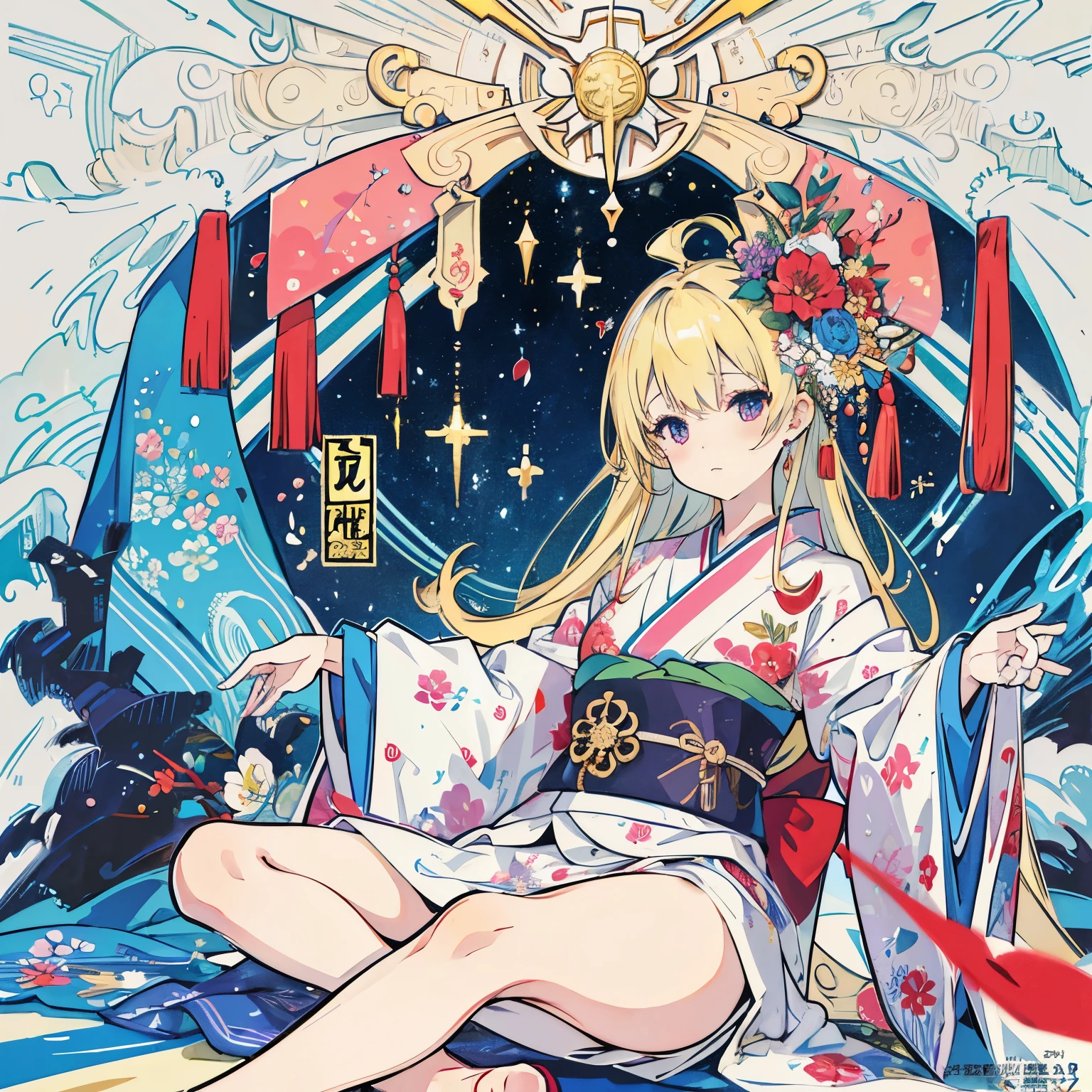 ((8K resolution))、((highest quality))、((masterpiece))、((Super detailed)) highest quality, masterpiece, 4 people, 4 people, Lie、spread your legs、naked、colorful、beautiful and detailed eyes,Flower pattern on the eyes、 exquisite beauty, lively、kimono、temporarily stop、front、dynamic、With background、element、have confidence、Be expressive、poster、cover、movie、pixiv Tachi- e(magazine:1.3)、(cover style:1.3)