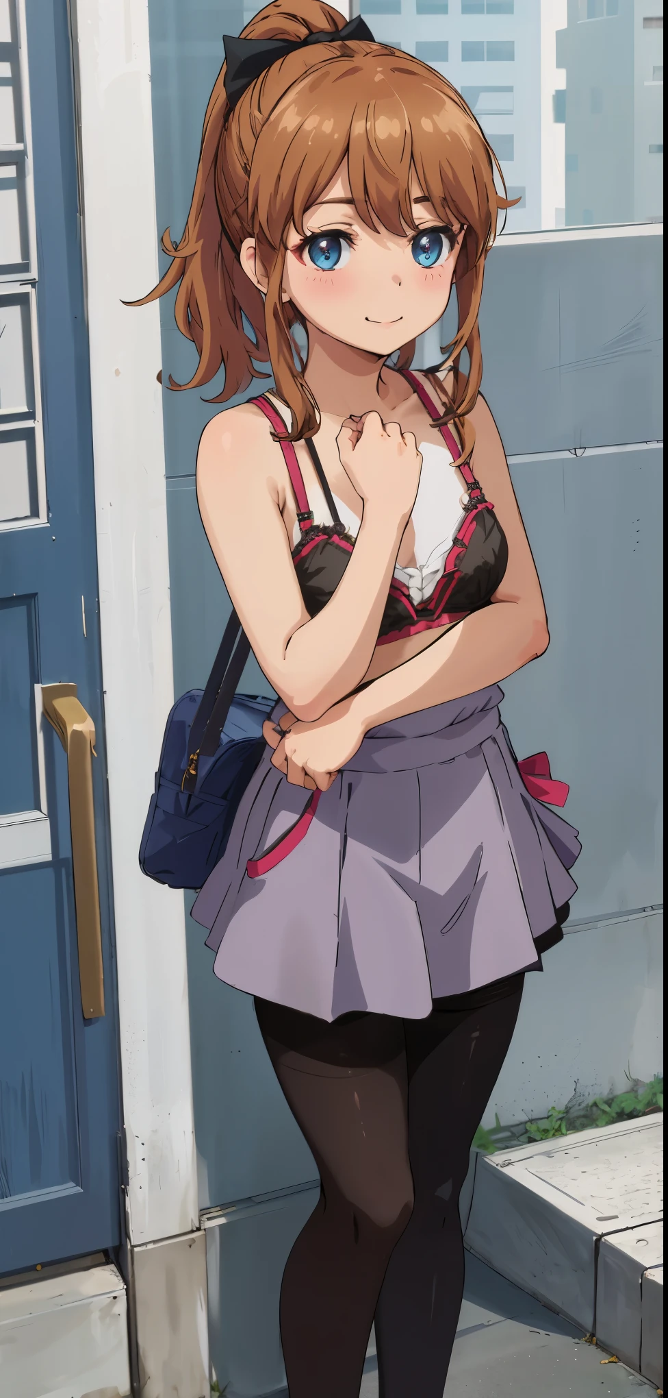 best quality, (masterpiece:1.2), highly detailed, standing, street,
1girl, solo, akatsuki minami,
looking at the viewer, closed mouth, smile, slight blush,
blue eyes, brown hair, ponytail, hair bow, sleeveless, ((bra, pantyhose))