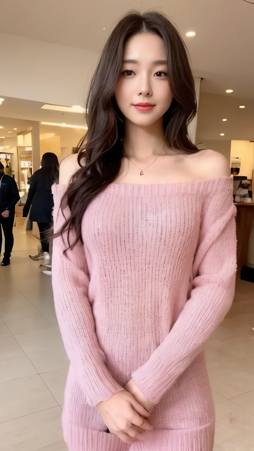 ((top-quality、8k、​masterpiece:1.3))、Beautiful woman with perfect body:1.4、slim abdomen:1.2、Longhair, normal breast, Highly detailed facial and skin texture, A detailed eye, delicate eyes, double eyelid, (smile), (full body shot), ((shopping mall)), (standing), ((wearing pink sweater dress)), looking in front