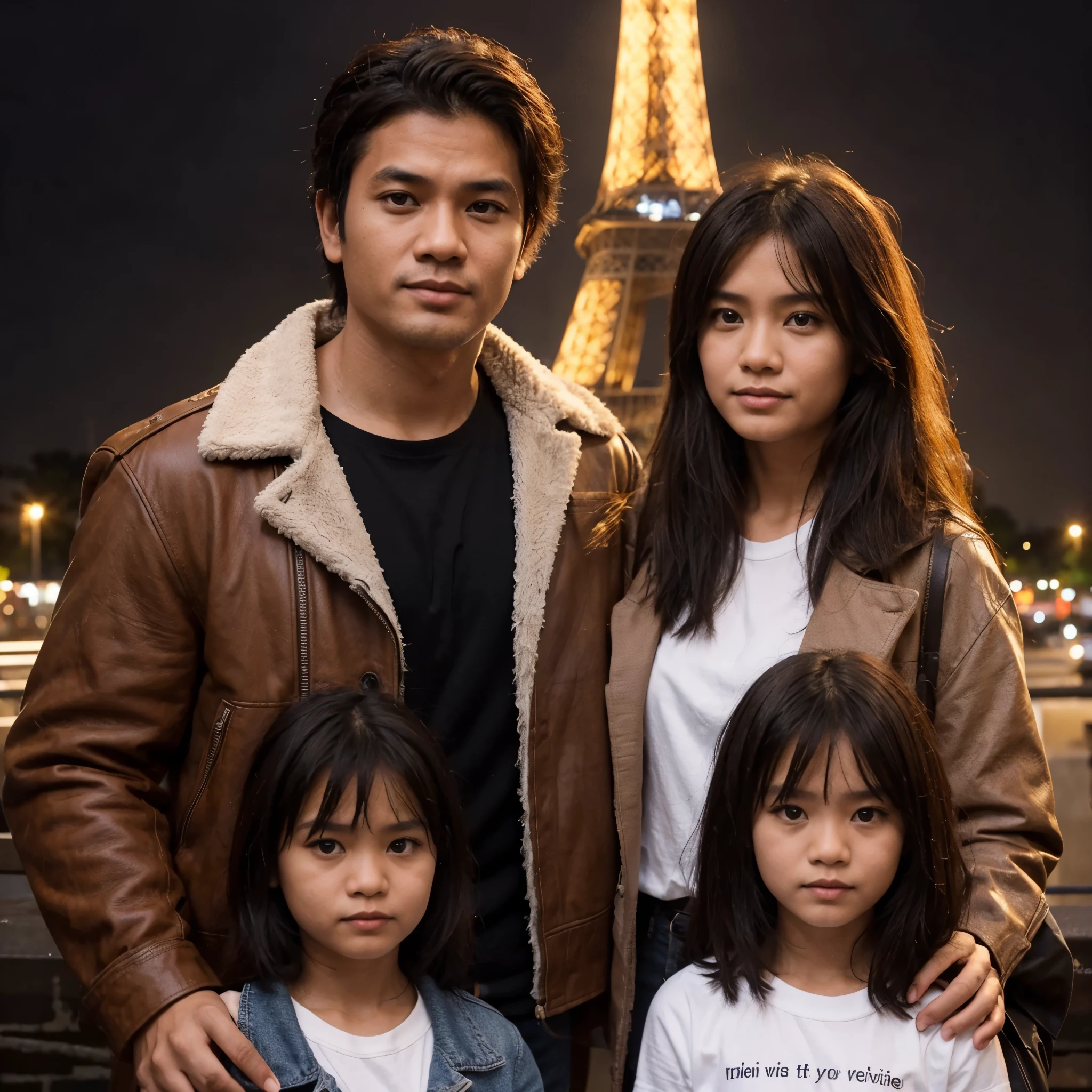 Super realistic cinematic photo of an Indonesian husband and wife couple with two daughters aged 10 and 6 years. The two people are wearing different clothes. The first person is wearing a brown leather jacket and black top, while the second person is wearing a white t-shirt with writing and a black jacket. Background shows the Eiffel Tower illuminated at night. To the right of the image, a building structure is visible, perhaps part of a bridge or other building.