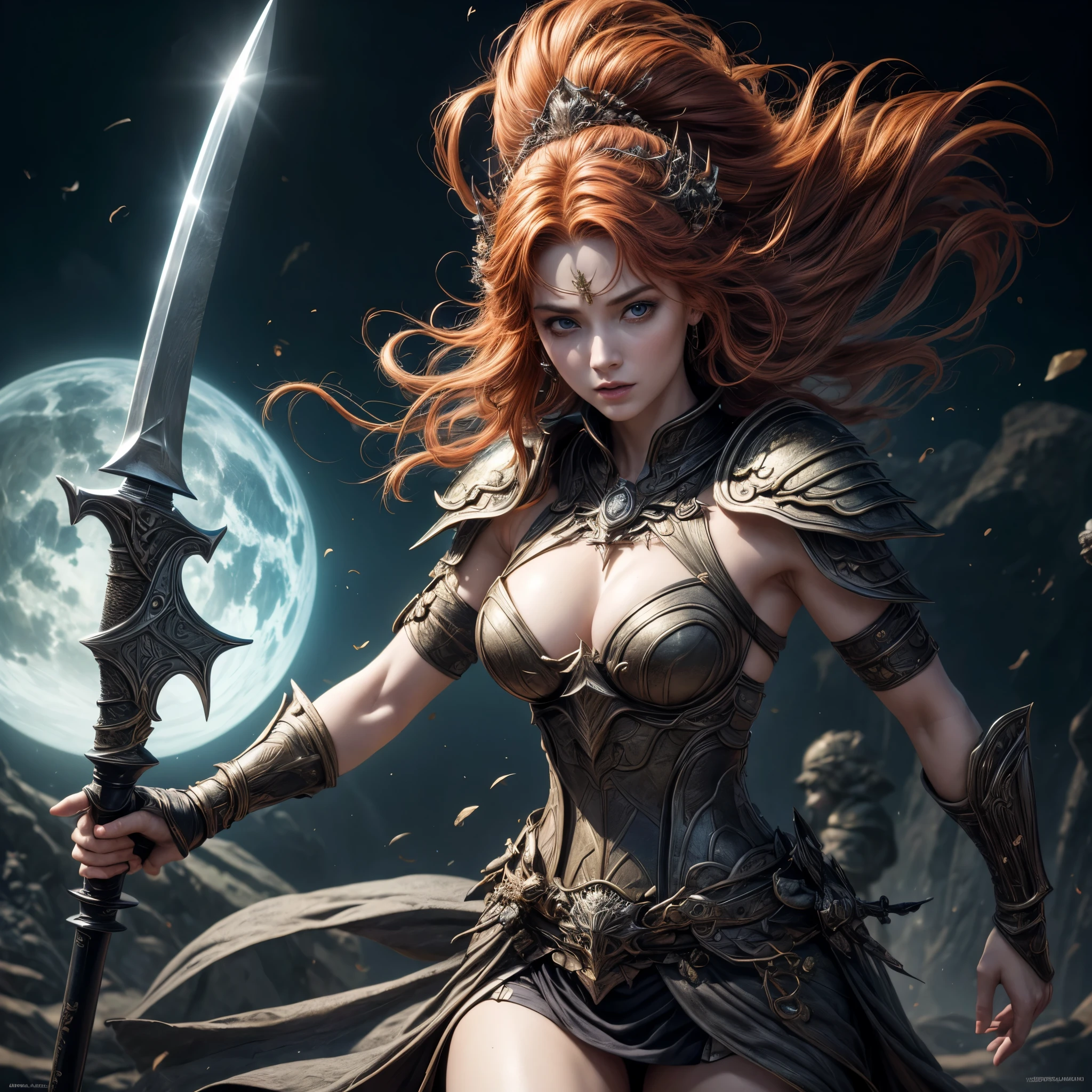 (best quality,4k,8k,highres,masterpiece:1.2),ultra-detailed, 1woman, Irish goddess Brigid, Auburn hair, Iron armor over druid robes, forging a sword, determined eyes, drawn in the style of Yoshitaka Amano, sks woman, HDR, 8k, absurdres, cinestill 800, sharp focus, add_detail:2