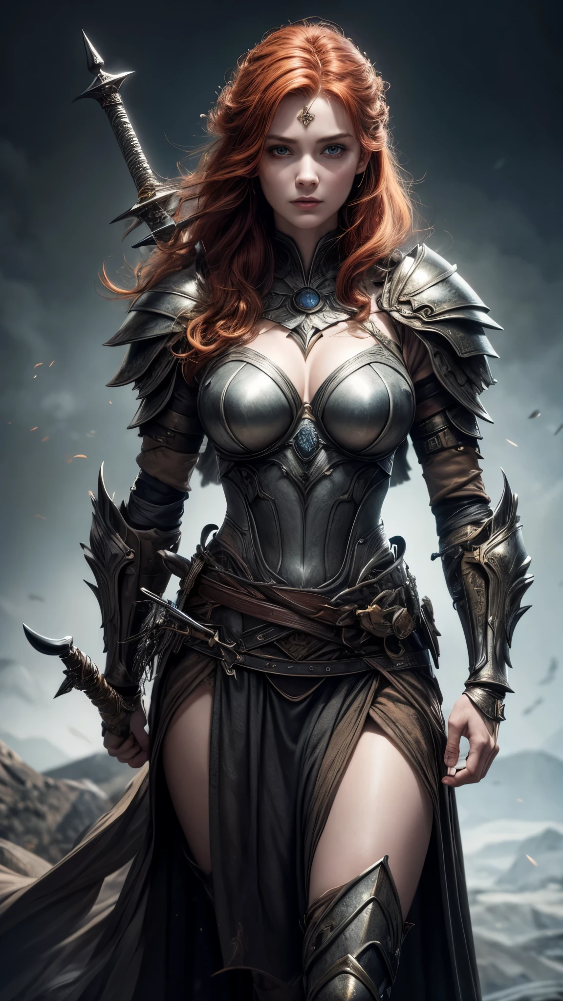 (best quality,4k,8k,highres,masterpiece:1.2),ultra-detailed, 1woman, Irish goddess Brigid, Auburn hair, Iron armor over druid robes, forging a sword, determined eyes, drawn in the style of Yoshitaka Amano, sks woman, HDR, 8k, absurdres, cinestill 800, sharp focus, add_detail:2