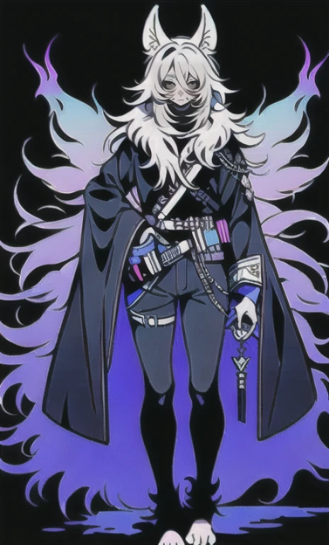solo, 1boy,「white hair,cerulean blue」long hair, hand gun, {{nighthawk mask}},  There&#39;s a man wearing a costume, {fox tail,}Apparition {one wing} Farson!!!!, furry Farson, furry characters, furry anime, Farson, furry paws furry, Furry shots, there is nothing, very hairy, furry artist, upright, [[[Anthropomorphic Nue]]] virtual youtuber, full body