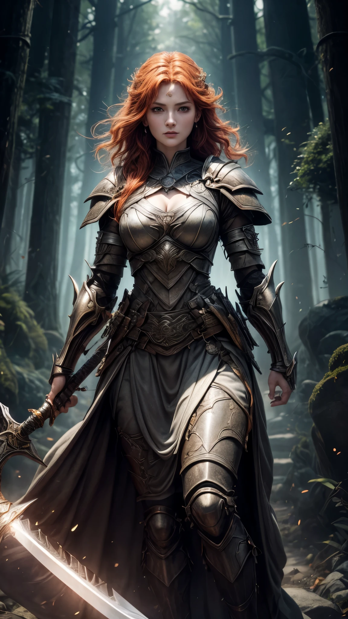 (best quality,4k,8k,highres,masterpiece:1.2),ultra-detailed, 1woman, Irish goddess Brigid, Auburn hair, Iron armor over druid robes, forging a sword, determined eyes, drawn in the style of Yoshitaka Amano, sks woman, HDR, 8k, absurdres, cinestill 800, sharp focus, add_detail:2