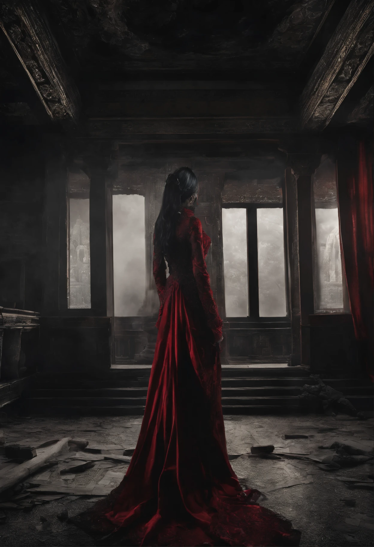 (best quality, masterpiece, hyper-actual, ultra high resolution, actual:1.4), Oriental ancient house in the background, damaged, shattered, Detailed facial features, 1 oriental girl, red clothes, Wedding dress, red veil, (Ethereal smoke:1.2), Upper body, beautiful girl, Back to camera，whole body, architecture