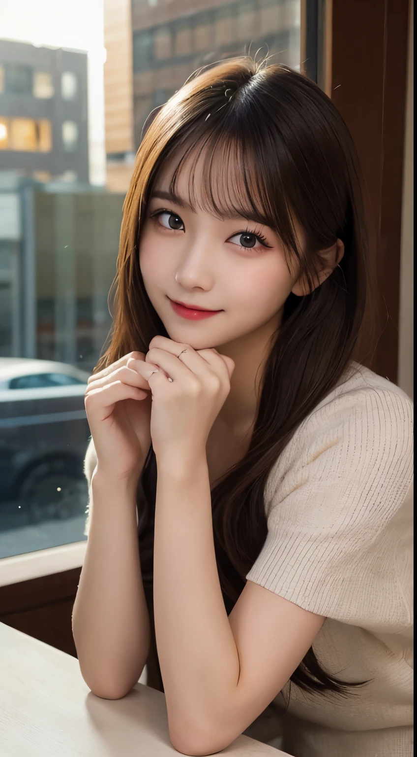 table top, highest quality, shape, Super detailed, finely, High resolution, 8k wallpaper, 完璧なダイナミックな構shape, beautiful and detailed eyes, winter dress,medium hair, small breasts, natural color lip, random sexy pose,smile,big city、20 year old girl、midnight、beautiful and detailed face、perfect and beautiful face,Big eyes