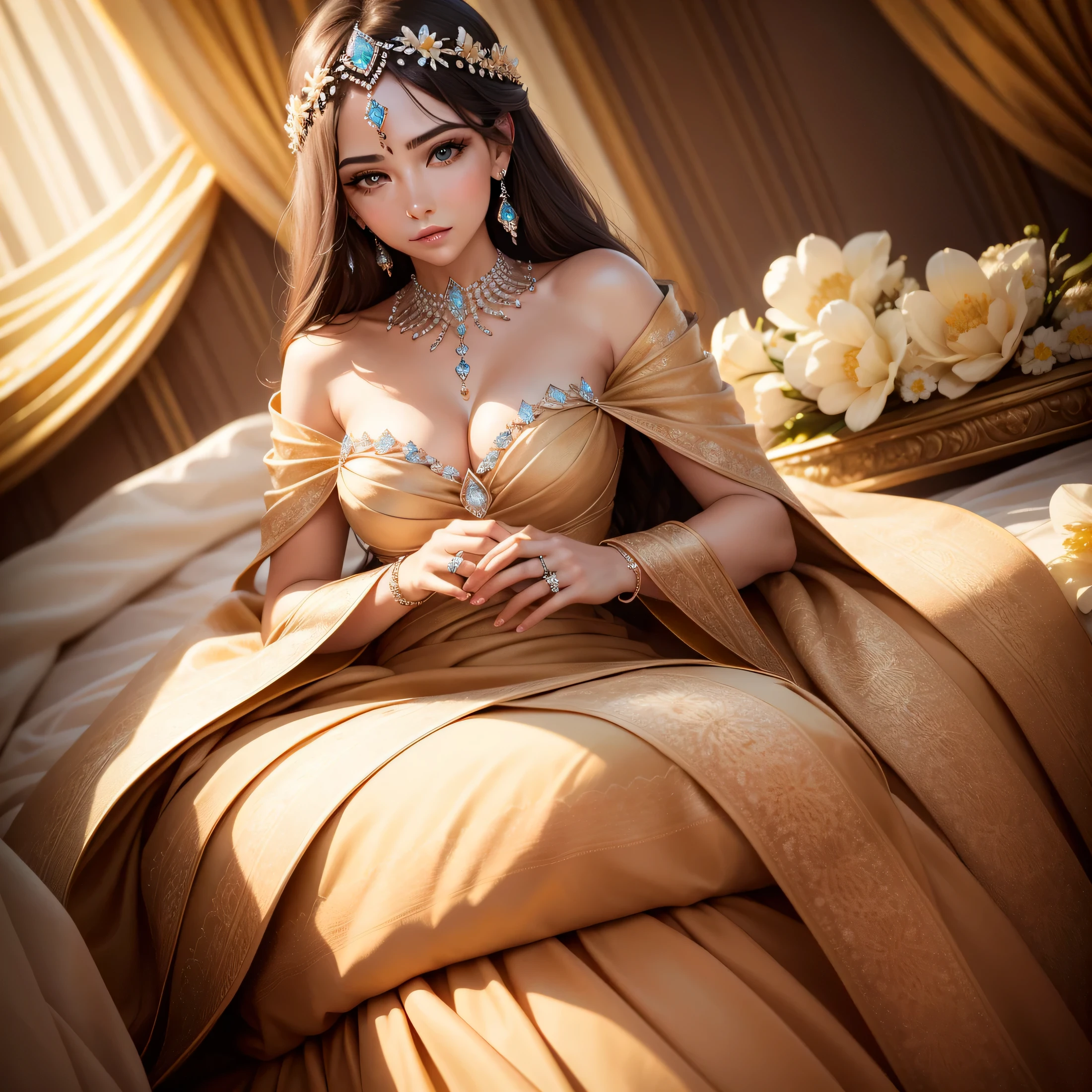 jewelry photography,a pair of diamond rings,elegant,Detailed jewelry,9K, Exquisite and delicate details,flowers background,Several flowers are wrapped around the diamond ring
