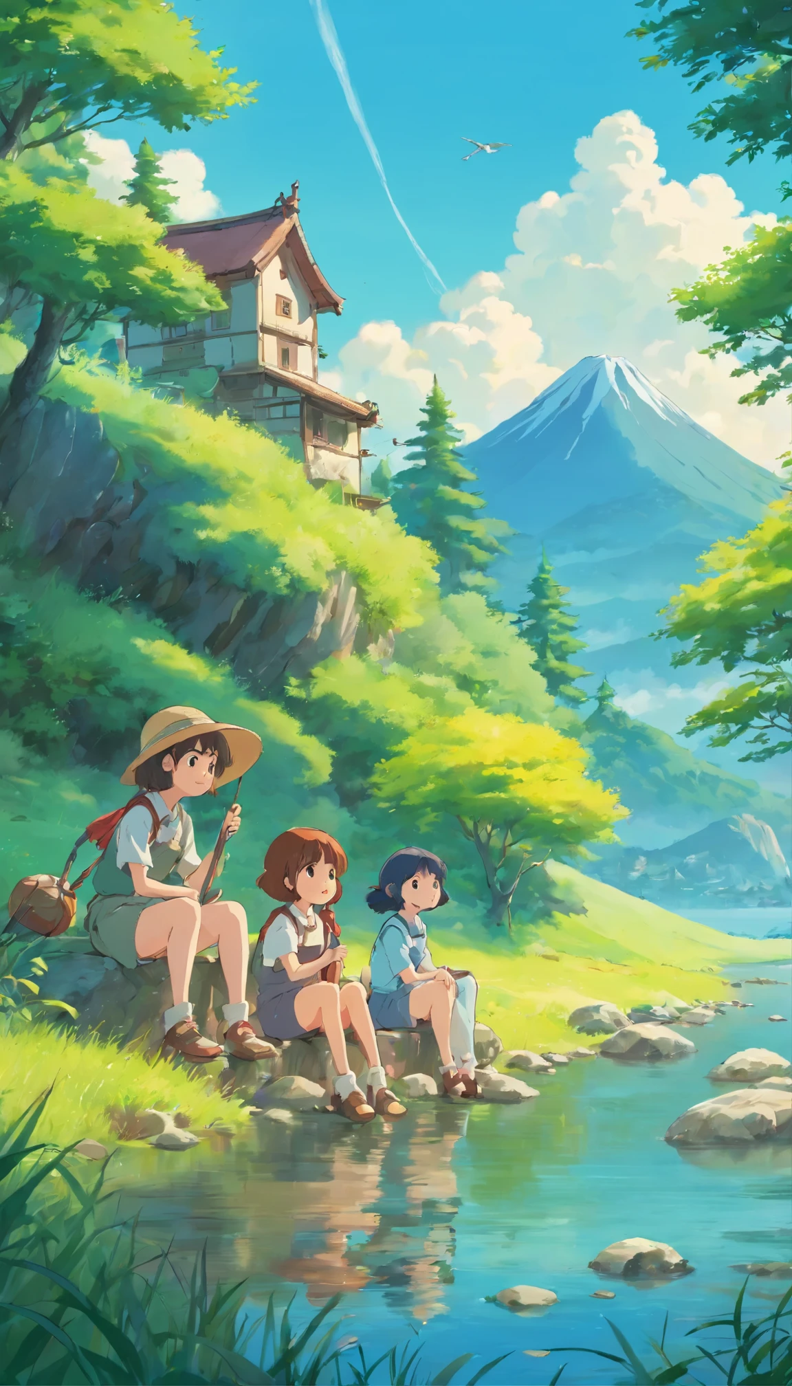 Two cute girls sitting and fishing, field, mountain, tree
