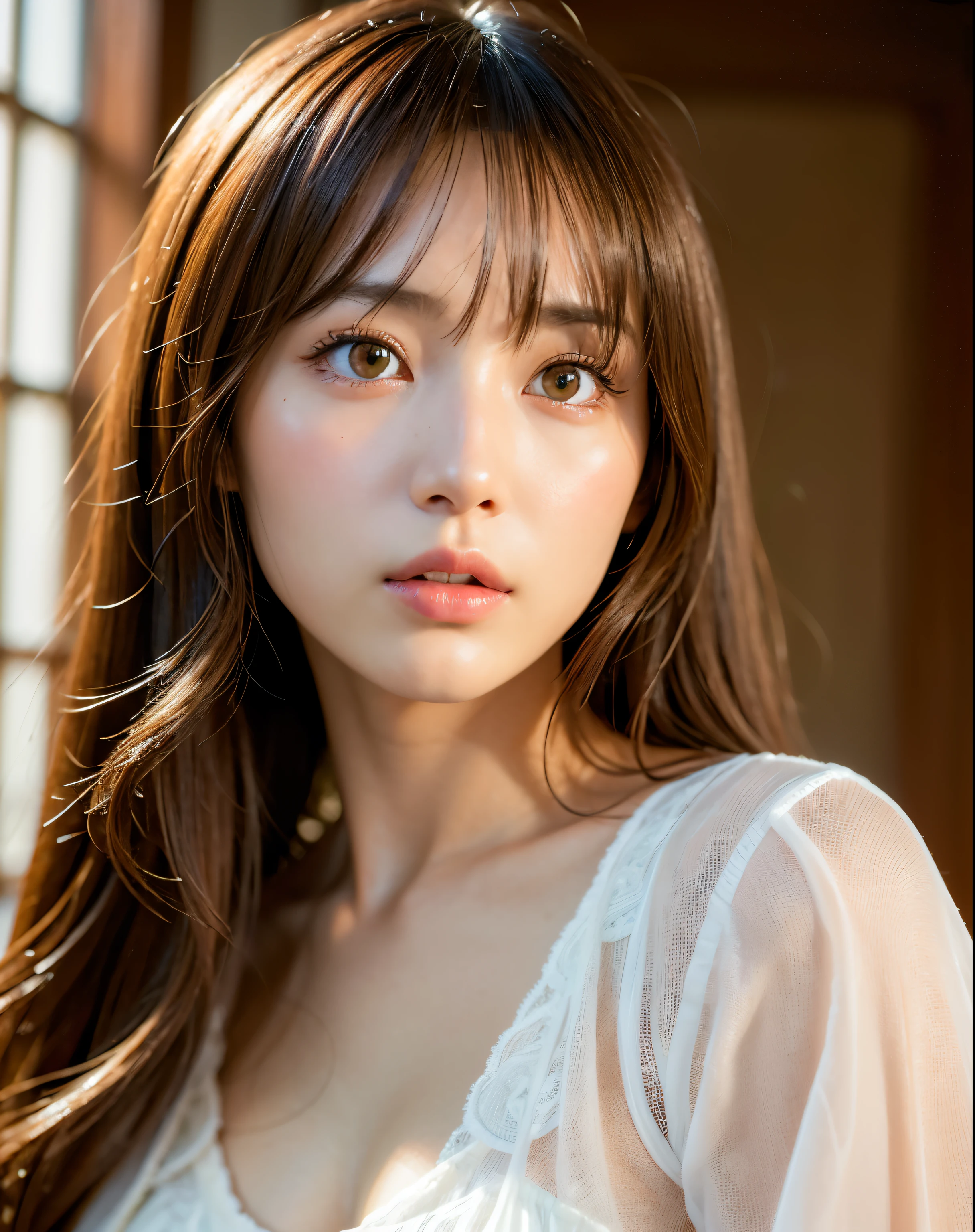 best quality, face focus, soft light, ultra high res, (photorealistic:1.4), RAW photo,
1japanese girl, solo, cute, (pupil, lights in the eyes),  detailed beautiful face, (),(high resolution detail of human skin texture),
(long hair),
indoor,
Damask Shirt Dress,
(portrait)