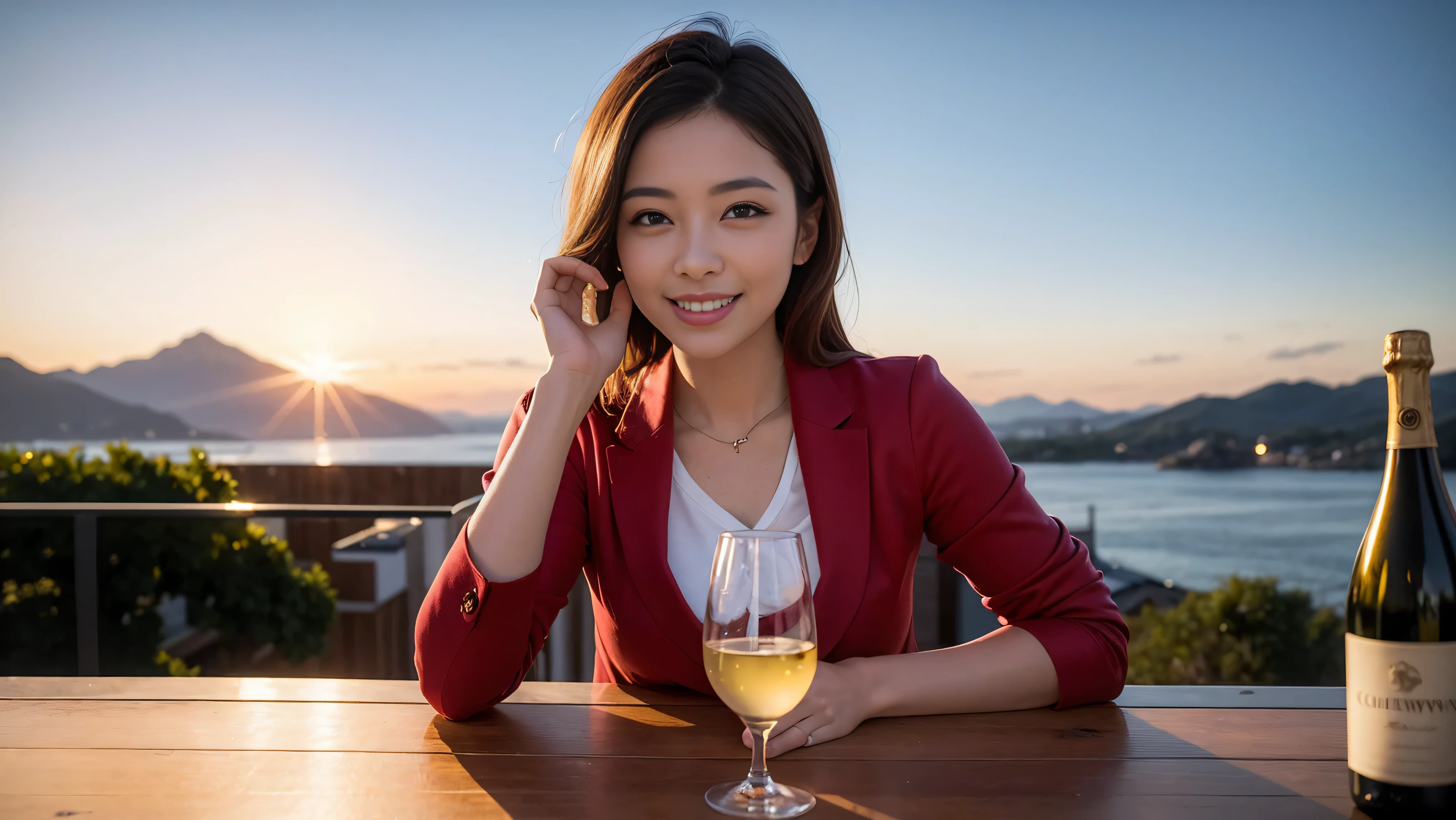 (including 64k, nffsw, highest quality, table top: 1.2), (realistic, photorealistic: 1.37), Spectacular view of the sunset sky and clouds、Amazing mountain views、long sleeve shirt、winter fashion、Columbia、Brazilian、Japanese、Dutch、German、Portuguese、Belgian、Italian、French,Champagne、sparkling wine、 (slimフェイス), (slimボティ), (brown hair), (shortcut), neat beauty、cheeks turn a little red, (35 years old), 38 years old, alone, 窓の外には美しく緻密なnight景が広がります., restaurant, wine glassが座っている, nightに, in a prominent place (from the Upper body) nova frog style, actress, model, Upper body, White wine, slim, wine glass, Super Clean night View, wine glass Put in the Middle, Happy smile, (smile: 1.15), beautiful and detailed eyes, Upper body, bust japan up, night, short, short, actress, model, Upper body, White wine, slim, wine glass, Super Clean night View, wine glass Put in the Middle, Happy smile,