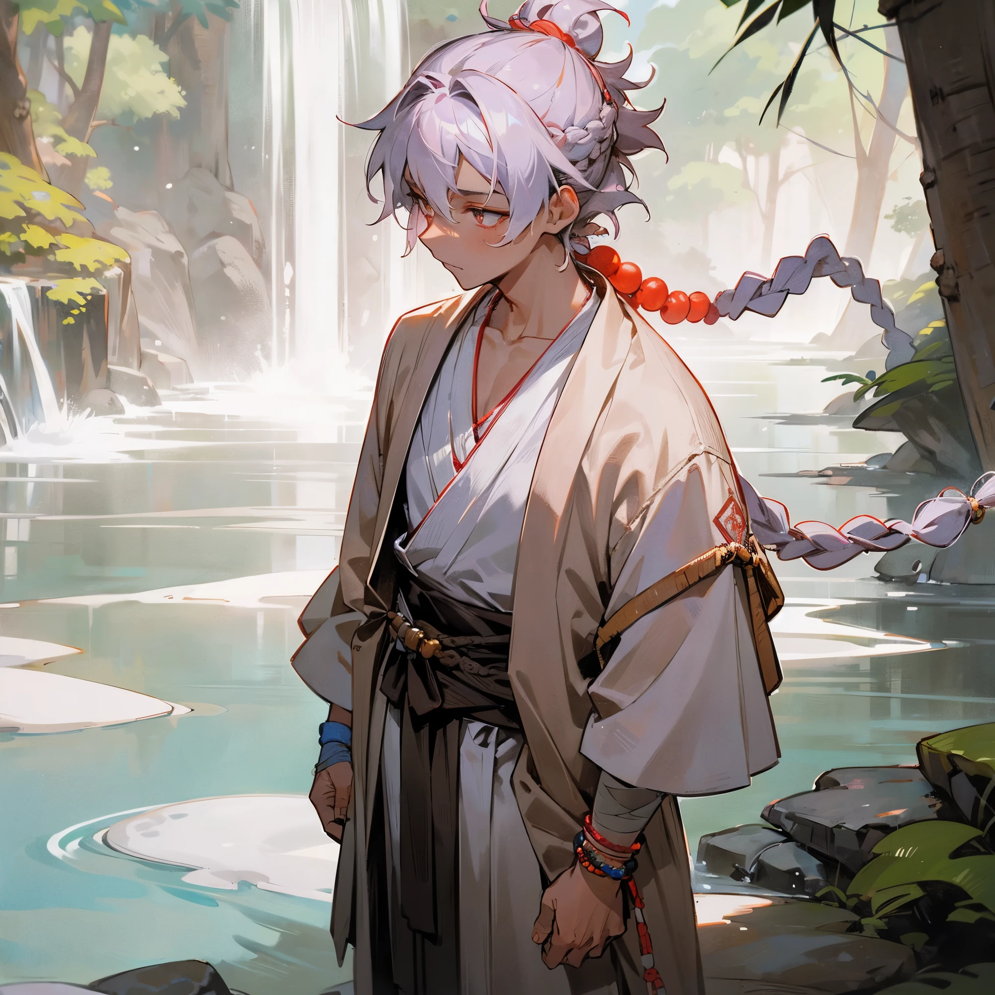 1male, young adult, tan skin, finely detailed coral eyes, medium messy hair with braided man bun, pale lavender hair color, jedi robe, poncho, bandages wrapped around arms, bandolier across chest, prayer bead necklace, prayer bead bracelet, standing with hands in pocket, standing on mountain trail, waterfall 