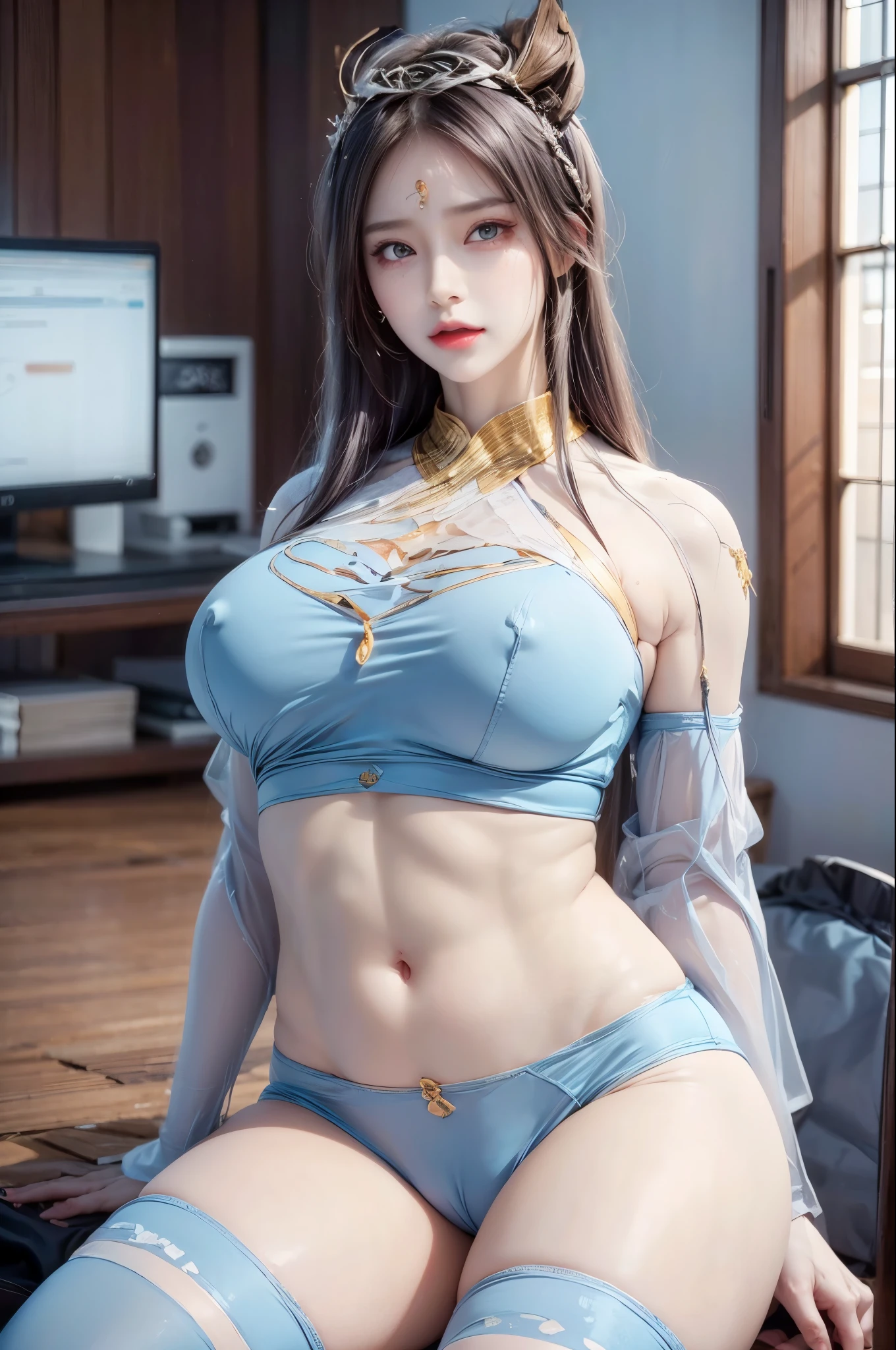 realistic, 1 women , Per HD, 12k, 1080p, wearing Allstars shoes, slim body, rather big body, six pack body, big round breasts, no clothes, beautiful breasts, looking at the camera, sitting on the sofa, transparent and genitals clear, long black hair, face details, person details, body details, clothing details, hair details, body details, body details, breast details, vagina details, clothes, eye details, sweat details, water details, pose (knees bent and feet opened wide) whole body