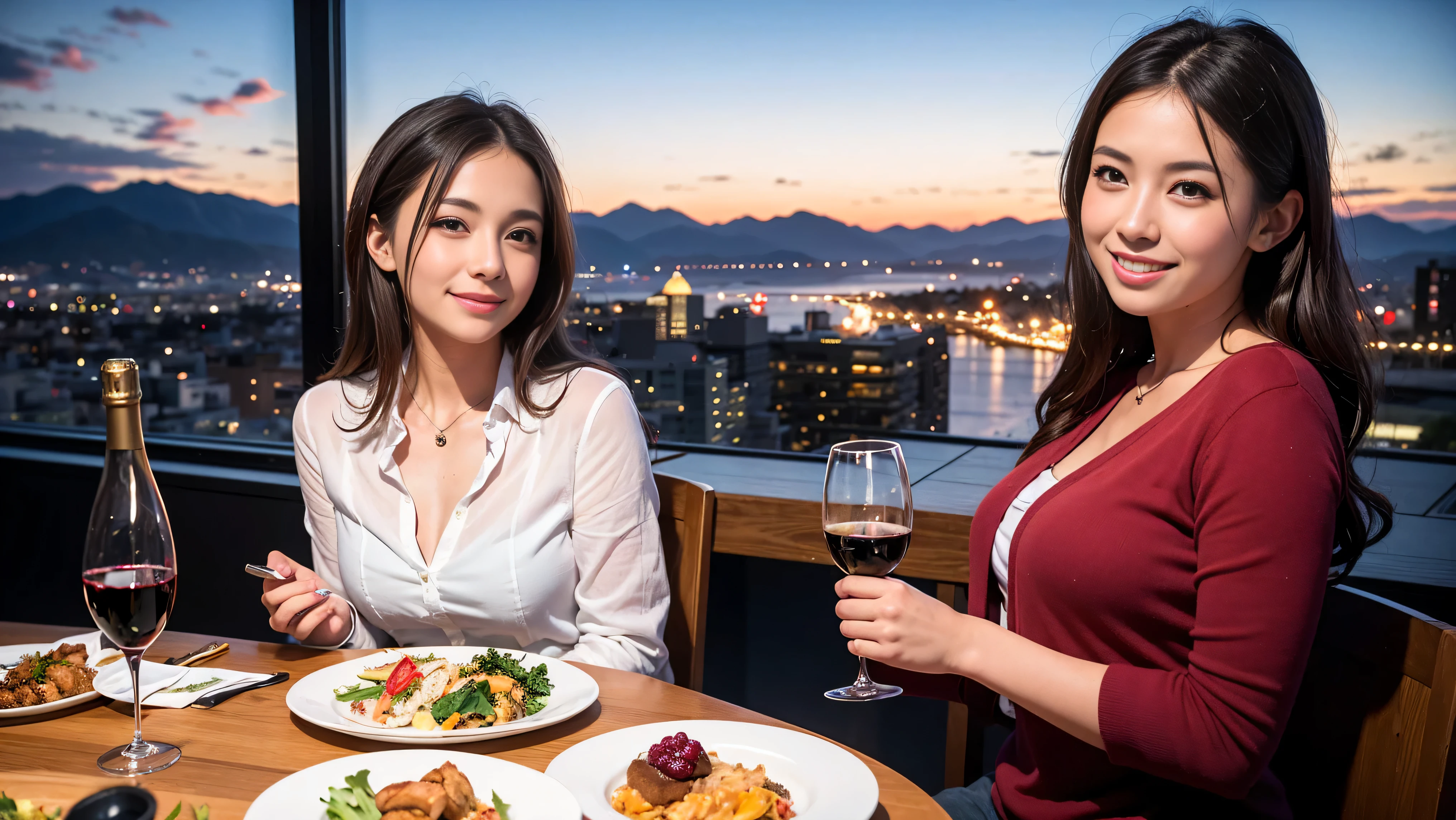 ((Highest quality、8K、masterpiece:1.3))、1 male 1 female、Satomi Ishihara、Beautiful couple、smile、full-course dinner、 (Slim face), (the body is スリム), (Brown Hair), (Shortcuts), ((Bob Hale、Straight hair:1.2)), テーブルの上のwine glass、Put the light on your face、 Amazing view of the sunset sky and clouds、smileの美しさ、Bright image、Blushing, Shortcuts, (43 years old), 39 years old, Appetizers、Italian food、Wine bottle、Champagne、sparkling wine、Long sleeve shirt、dress、Attractive beauty、restaurant, Nova Frog Style, actress, model, Upper Body, White wine, red wine, wine glass,