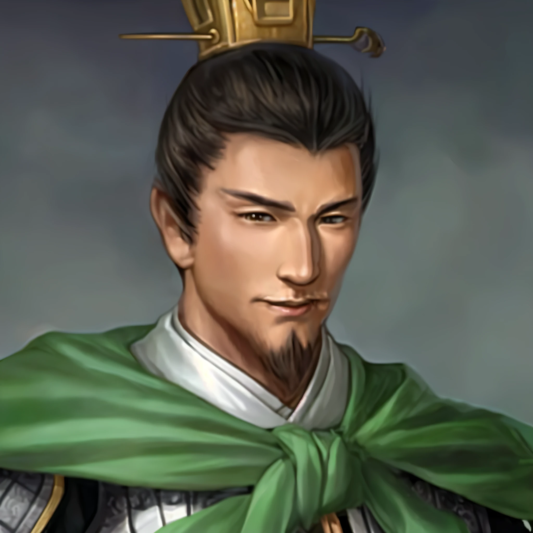 One wearing a green cloak、Close-up of man wearing crown, Zhao Yun, Inspired by Zhang Sengyao, Inspired by Dong Yuan, Inspired by Cao Zhibai, Inspired by Guo Chun, Inspired by Zhao Yuan, inspired by Guan Daosheng, Guan yu, bian lian, royal portrait, heise jinyao, Inspired by Huang Shen