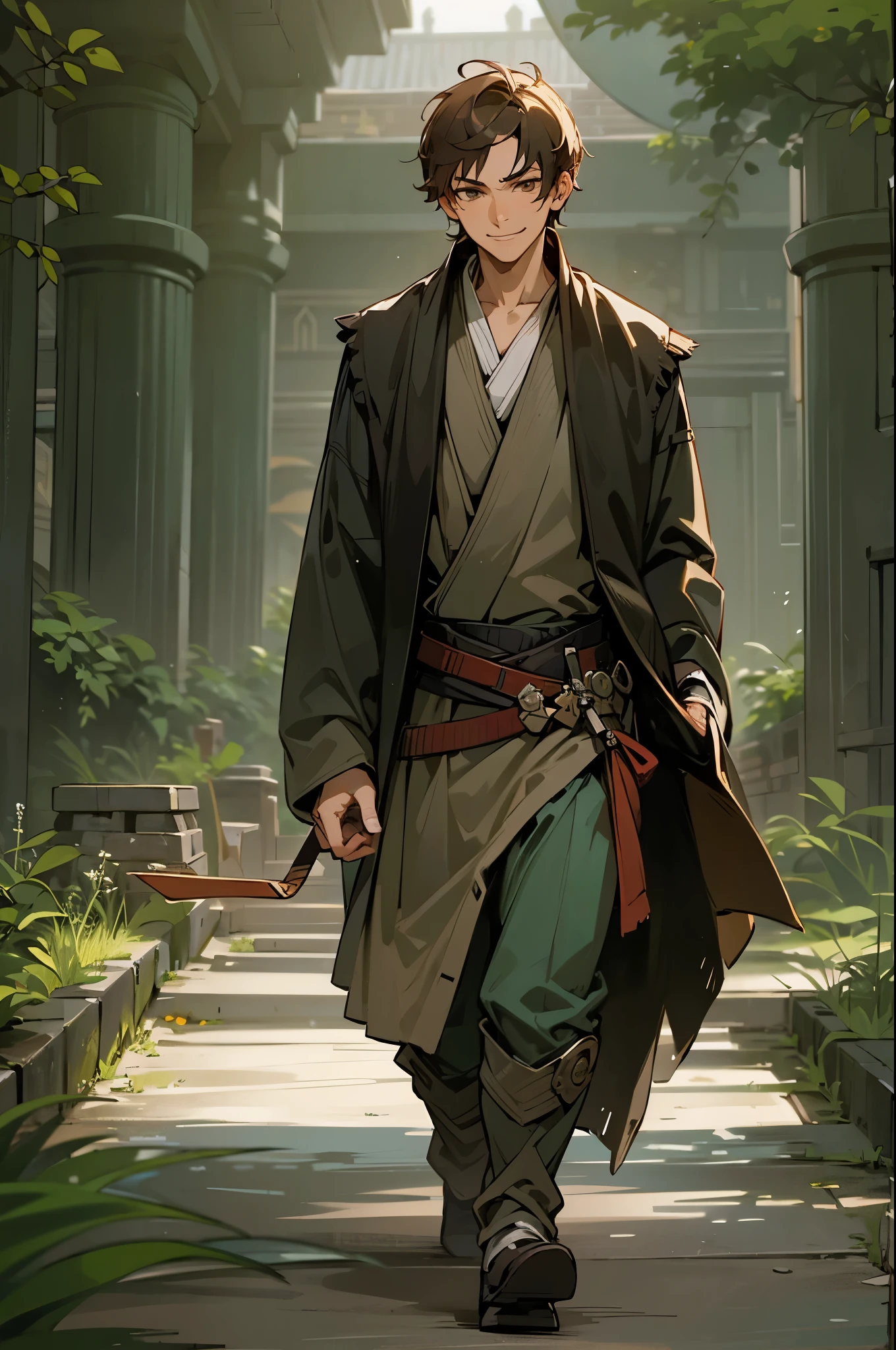 1male, , Brown Hair, Short Hair, Hazel Eyes, Dark Jedi Clothing, Jedi Temple, Walking on Path, Smirk, Bright, Masterpiece Quality, Perfect Generation