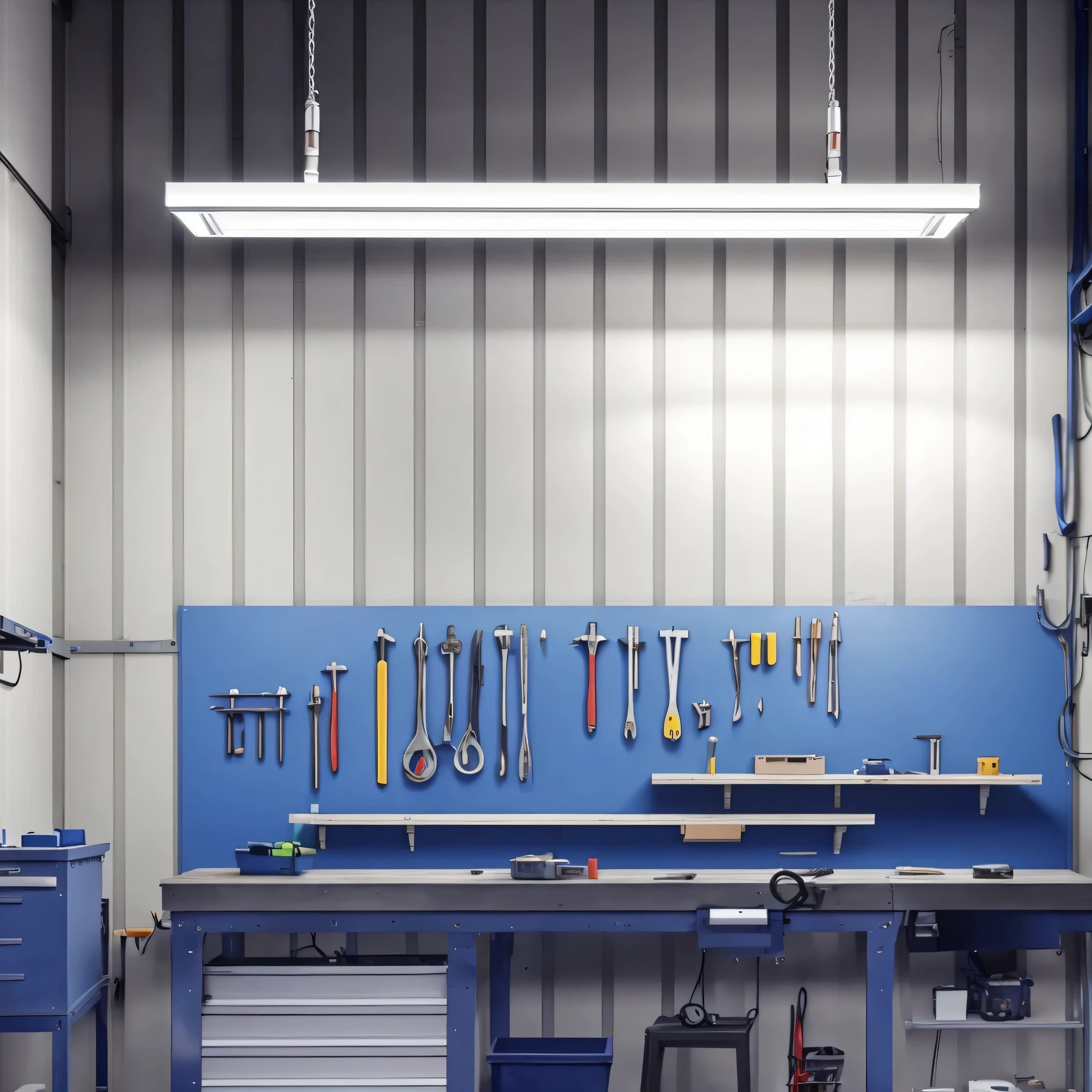 there is a workbench with tools on it in a garage, industrial lighting, fluorescent lamp, white wall coloured workshop, LED lighting, fluorescent ceiling lights, ceiling fluorescent lamp, Volume Light - s 1 5 0, in the workshop, workbench, dim fluorescent lamp, cinematic industrial lighting, commercial lighting, overhead lighting, fluorescent lamp, Jacket lighting