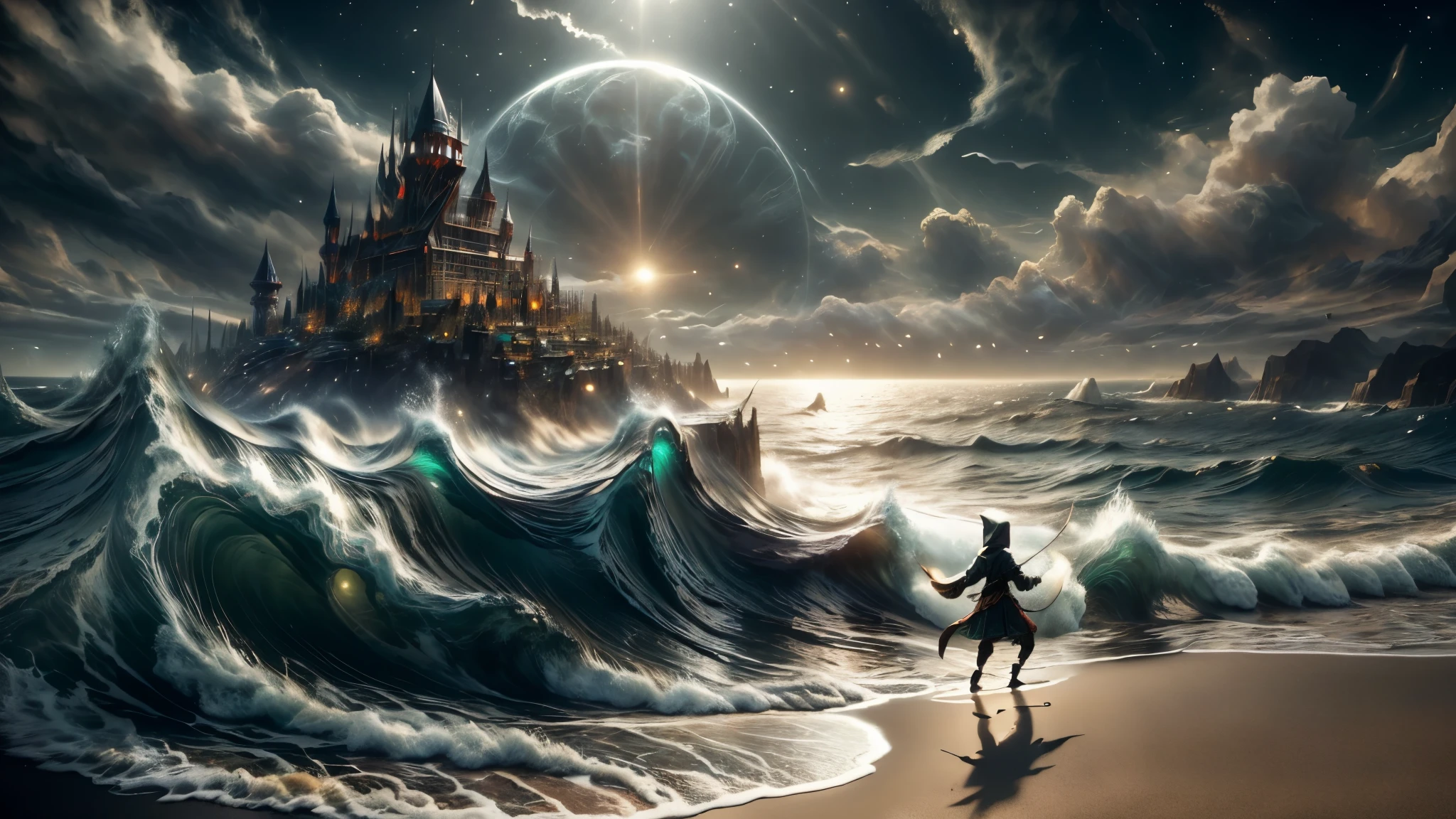 (masterpiece), 8k, best quality, panoramic view, book illustration, hooded, Wizard, old elf,  wearing a dark green tunic, a leather belt and a magic bag, with his arm stretched forward, bringing a big wave, by magic, facing the sea wave, on the sand, from coast to beach, dragging an elf, a piece of wood