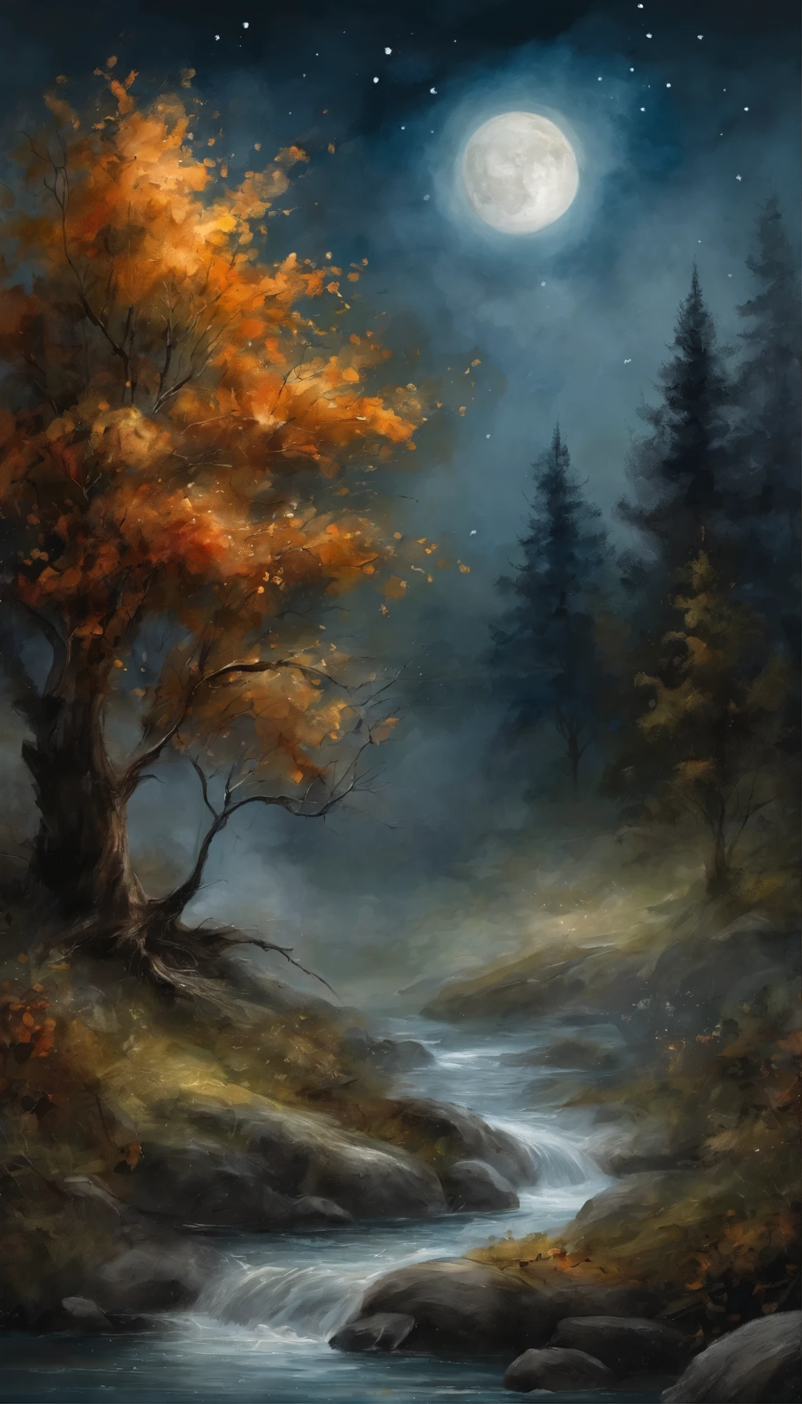 night sky, old tree on the left, wolf, full moon, dark, gloomy background, gurgling stream, (Extremely detailed image) ,(8k wallpaper),(Film lighting),( depth of field),(clear light and shadow),(Master painting),(Rich color expression),realistic,masterpiece,Inspired by the songs《Fflower Fairy