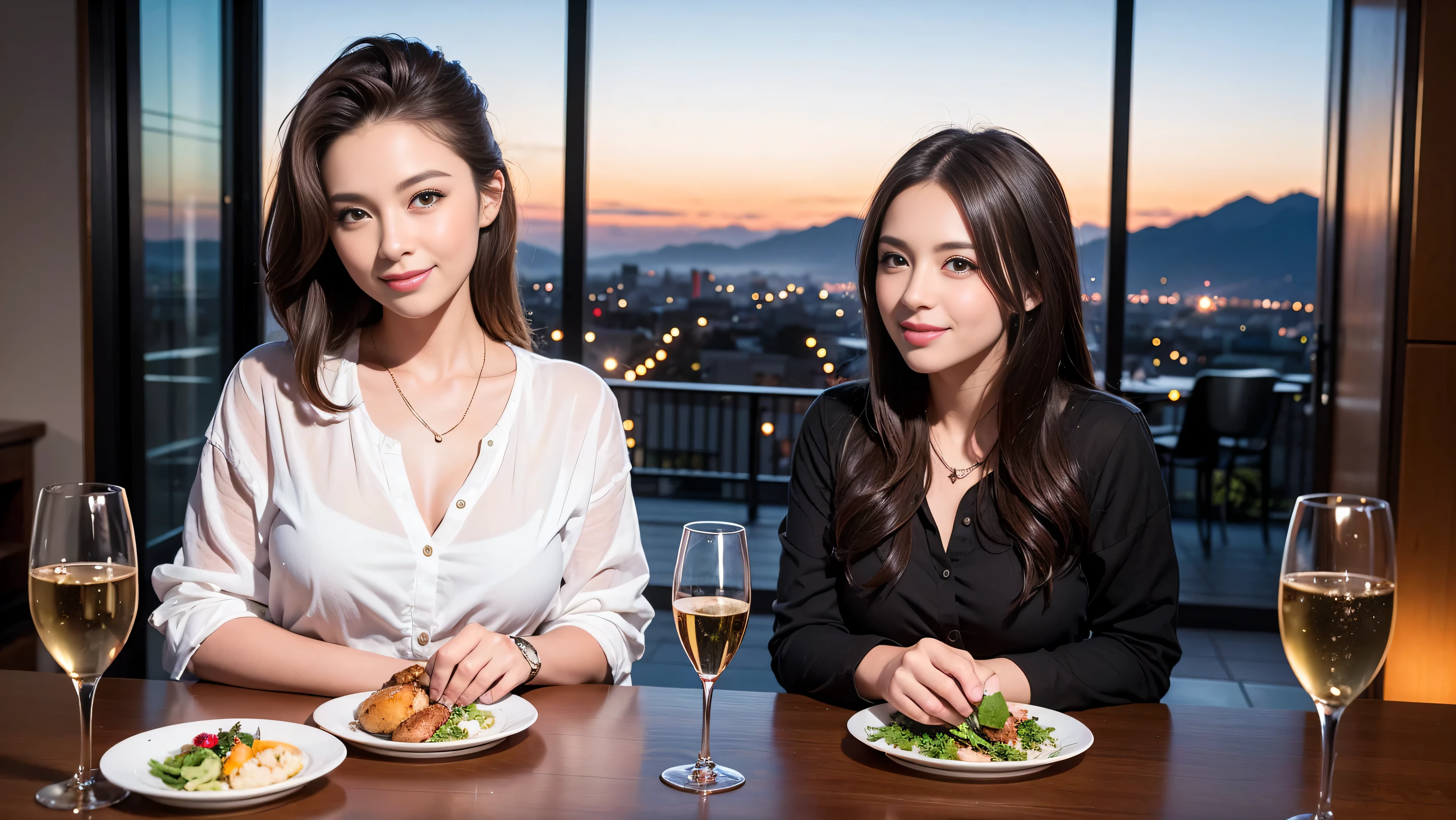 (including 64k, nffsw, highest quality, table top: 1.2), (realistic, photorealistic: 1.37), Spectacular view of the sunset sky and clouds、Amazing mountain views、long sleeve shirt、winter fashion、Columbia、Brazilian、Japanese、Dutch、German、Portuguese、Belgian、Italian、French,Champagne、sparkling wine、 (slimフェイス), (slimボティ), (brown hair), (shortcut), neat beauty、cheeks turn a little red, (35 years old), 38 years old, alone, 窓の外には美しく緻密なnight景が広がります., restaurant, wine glassが座っている, nightに, in a prominent place (from the Upper body) nova frog style, actress, model, Upper body, White wine, slim, wine glass, Super Clean night View, wine glass Put in the Middle, Happy smile, (smile: 1.15), beautiful and detailed eyes, Upper body, bust japan up, night, short, short, actress, model, Upper body, White wine, slim, wine glass, Super Clean night View, wine glass Put in the Middle, Happy smile,