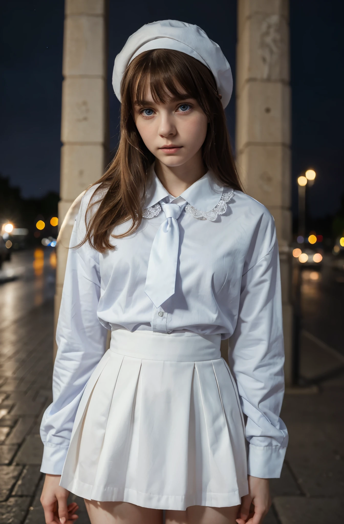 (best quality,hyper-realistic,ultra-detailed,8k), teenager, , shy, sad, paleness, big blue eyes, very white skin, small nose, very short middle brown hair with bangs, melancholy, delicate, feminine, skinny, elegant school white uniform, purple french Beret, night street, Eiffel tower, city lights, elegant tie, blue lace.