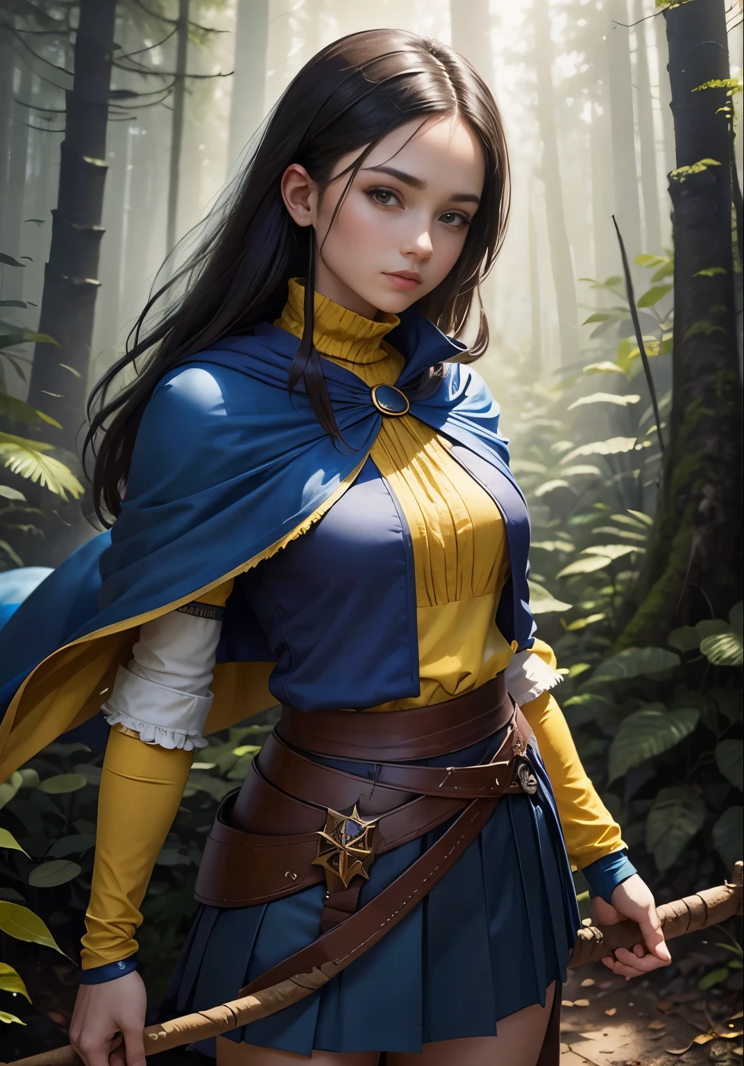 masterpiece, best quality, feMist, blue capelet, yellow shirt, arm warmers, pleated skirt, upper body, looking at viewer, dense forest, holding a wizard's staff