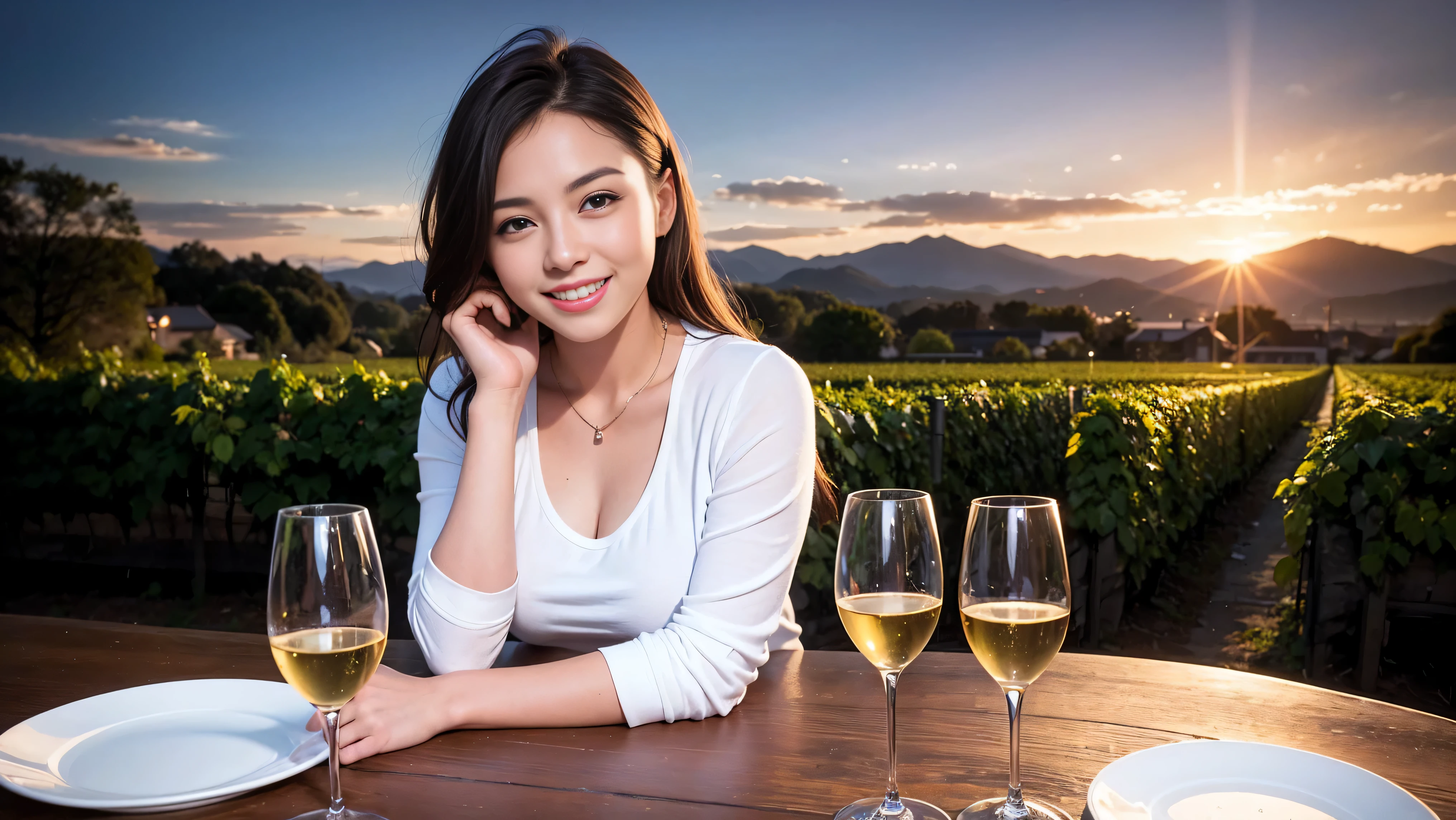 ((Highest quality、8K、masterpiece:1.3))、1 male 1 female、 years old、Slim Beauty、Pink Couple、smile、 (Slim face), (the body is スリム), (Brown Hair), (Shortcuts), テーブルのフルコースディナーとwine glass、Amazing view of the sunset sky and clouds、smileの美しさ、Wine bottle、sparkling wine、Long sleeve shirt、dress、White wine, red wine, wine glass, 