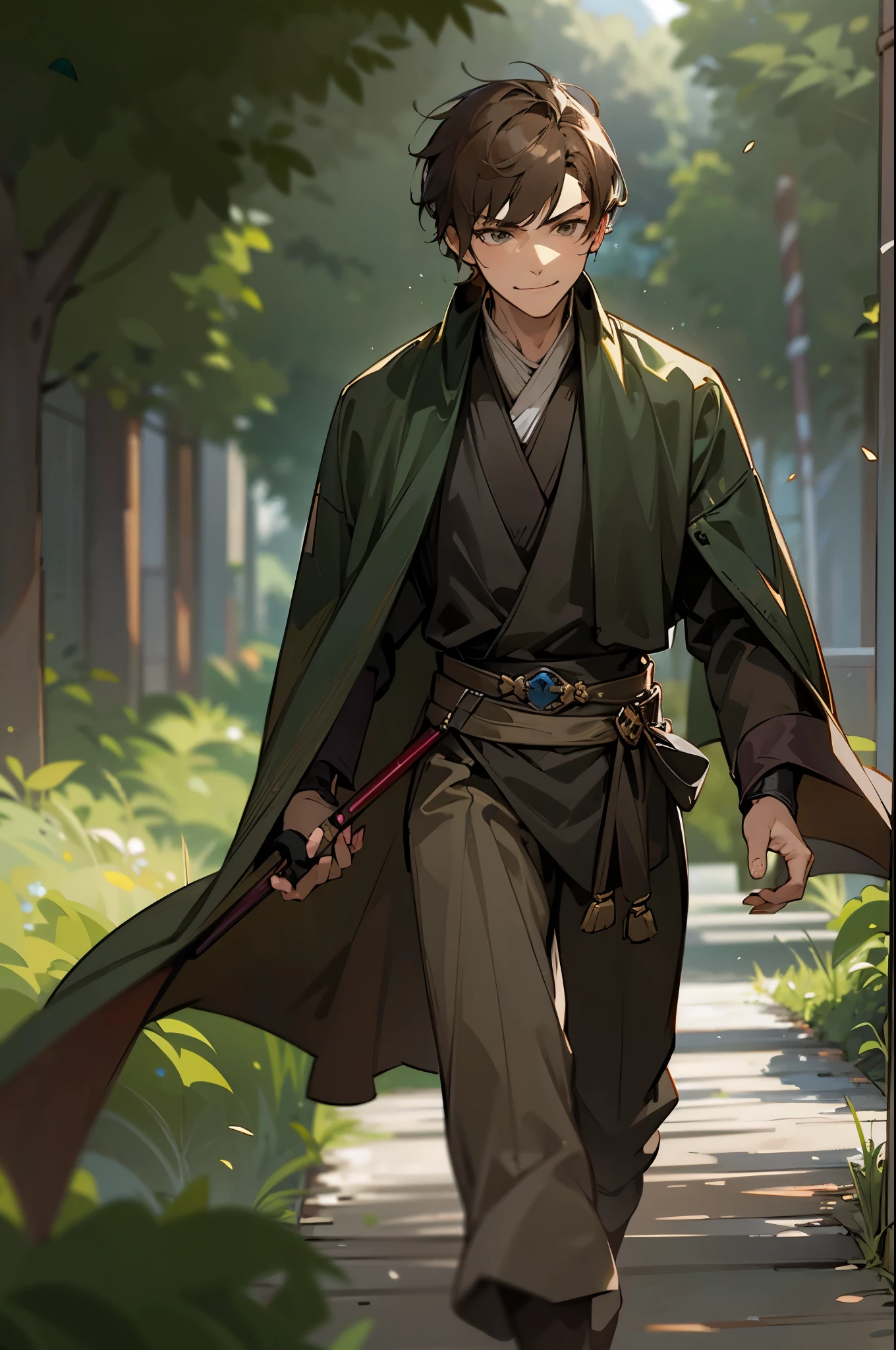 1male, , Brown Hair, Short Hair, Hazel Eyes, Dark Jedi Clothing, Jedi Temple, Walking on Path, Smirk, Bright, Masterpiece Quality, Perfect Generation