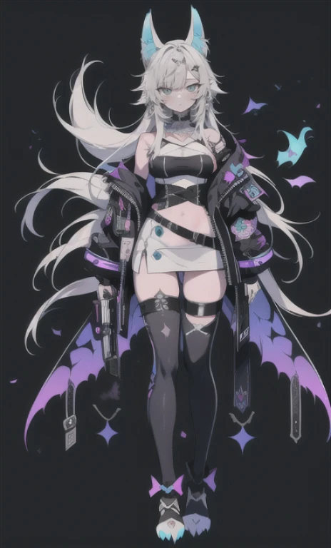 1 girl, white hair, purple eyes, all black, long hair, tactical vest, cute face, solo, loli face, solo, Illustrations, loli face, pleated skirt, {{{full body}}}}, black boots, small and medium breasts, dynamic pose, lace-up panties, cute girl, black silk, character setting drawing, {{{tachi-e}}}, official art, original, sexy, erotic clothing, simple background, slim body, purple theme, standing painting, tachie, black boot, Full body, navel, short top, slender, (translucent skin), abyssal eyes, perfect body, skeleton, black boots