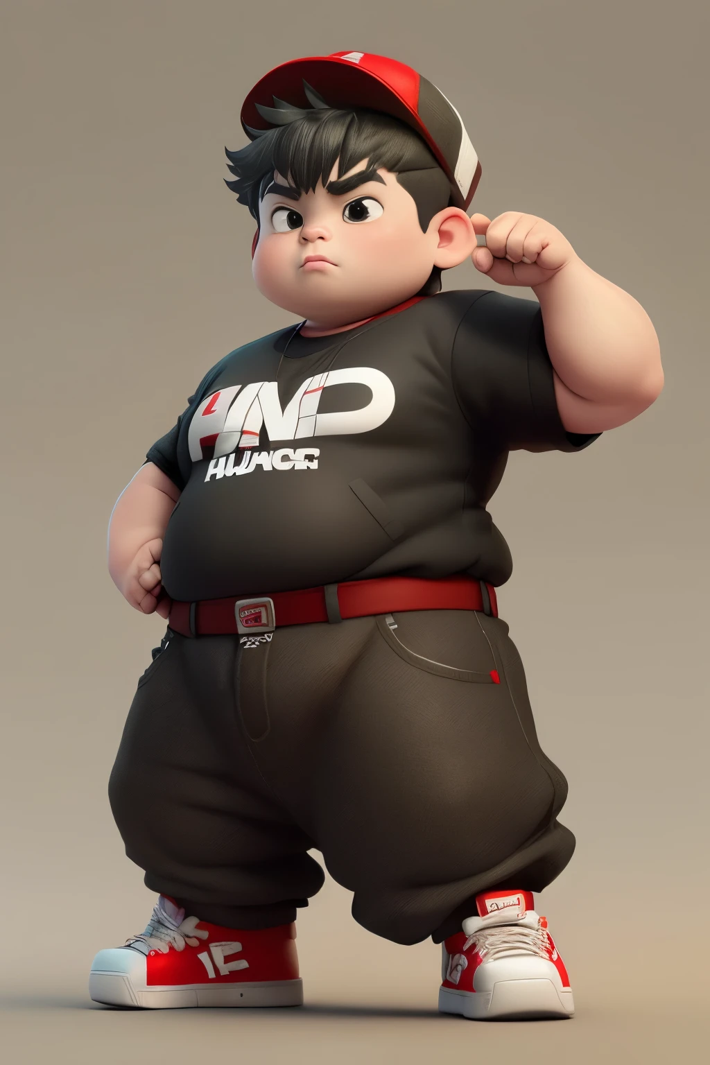 Fat hip hop male dancer Super Mexican style 30 years, Nice Chibi, Very chic., perfect finger, clothing color: red, black and white, street fashion hats, writing shirt "hip hop", Do hip hop poses using your arms., Clothes without prints, simple background,........3D, 8k,