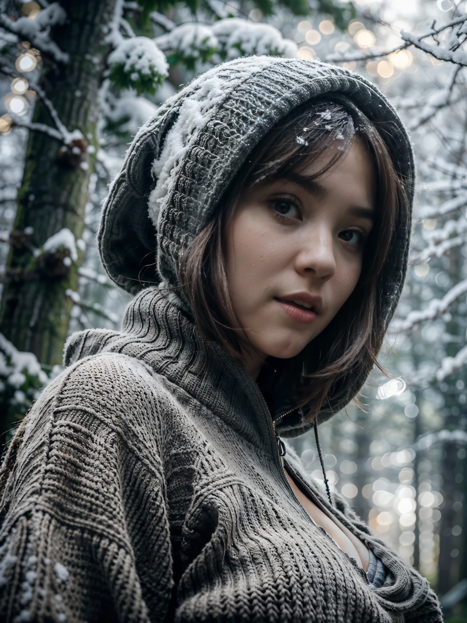 Photorealistic, (close up:1.2), low angle, (seen from below:1.1), a japanese young girls with hood, (long sleeve red sweater:1.2, bottomless), a hyperrealistic beautiful young girls with natural sagging breast, high detailed official artwork, beautiful girls with slim fit body and busty posture, attractive young girls (seductive poses:1.3, crossed arm hold on the breast), at bench in the natural forest with (snow:1.2), natural background, dubnitskiy david fanart, realistic portrait, smooth photorealistic, perfect visual of a cute girls, cute girls with skinice soft face, look at viewers, makoto shinkai and artgerm, photon mapping, natural light, greeney tones, vivid colors, playful ambient, foggy atmosphere
