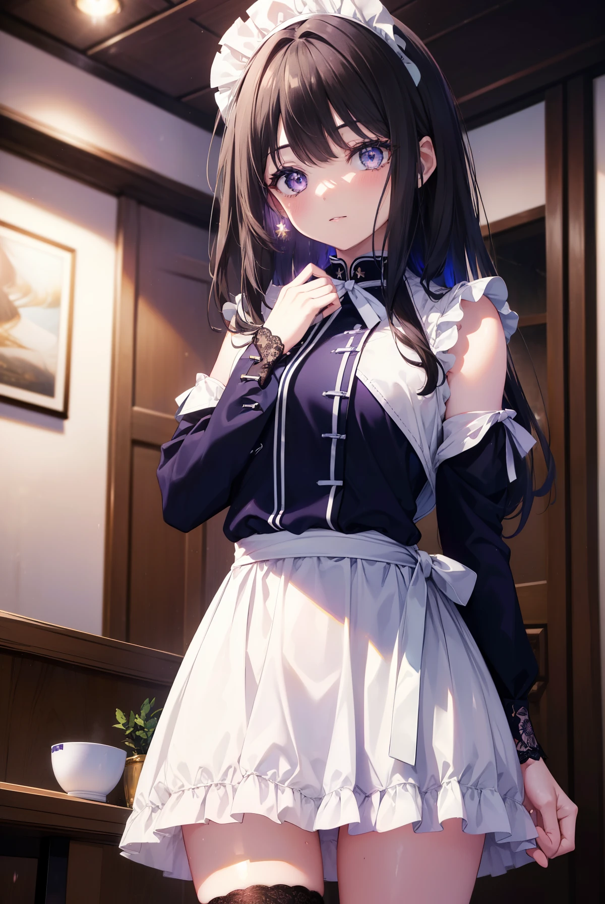 Takiuchi Kame, check it out, long hair, bangs, black hair,blush,smile, (purple eyes:1.2),
she was wearing a maid skirt, white stockings on her legs, and lace gloves.
break indoors, Cafe,
break looking at viewer, (cowboy shot:1.5),
break (masterpiece:1.2), highest quality, High resolution, unity 8k wallpaper, (figure:0.8), (detailed and beautiful eyes:1.6), highly detailed face, perfect lighting, Very detailed CG, (perfect hands, perfect anatomy),