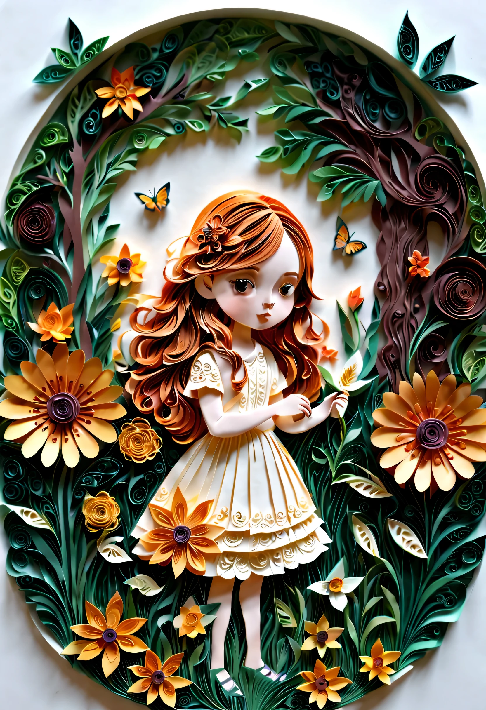 (paper art，layered paper art，paper quilling, 剪paper art术), pure white background, girl in the garden，(high detail, masterpiece, best quality, ultra high definition)