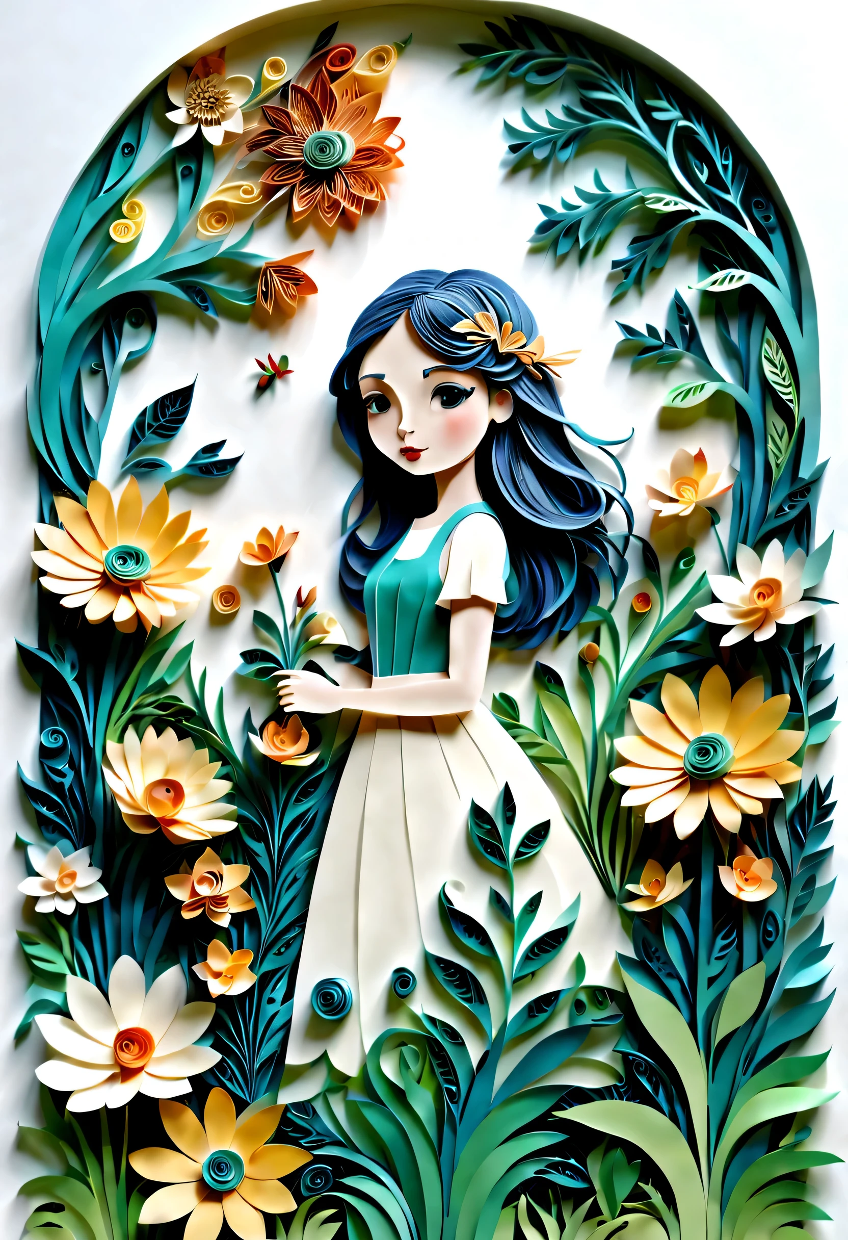 (paper art，layered paper art，paper quilling, 剪paper art术), pure white background, girl in the garden，(high detail, masterpiece, best quality, ultra high definition)