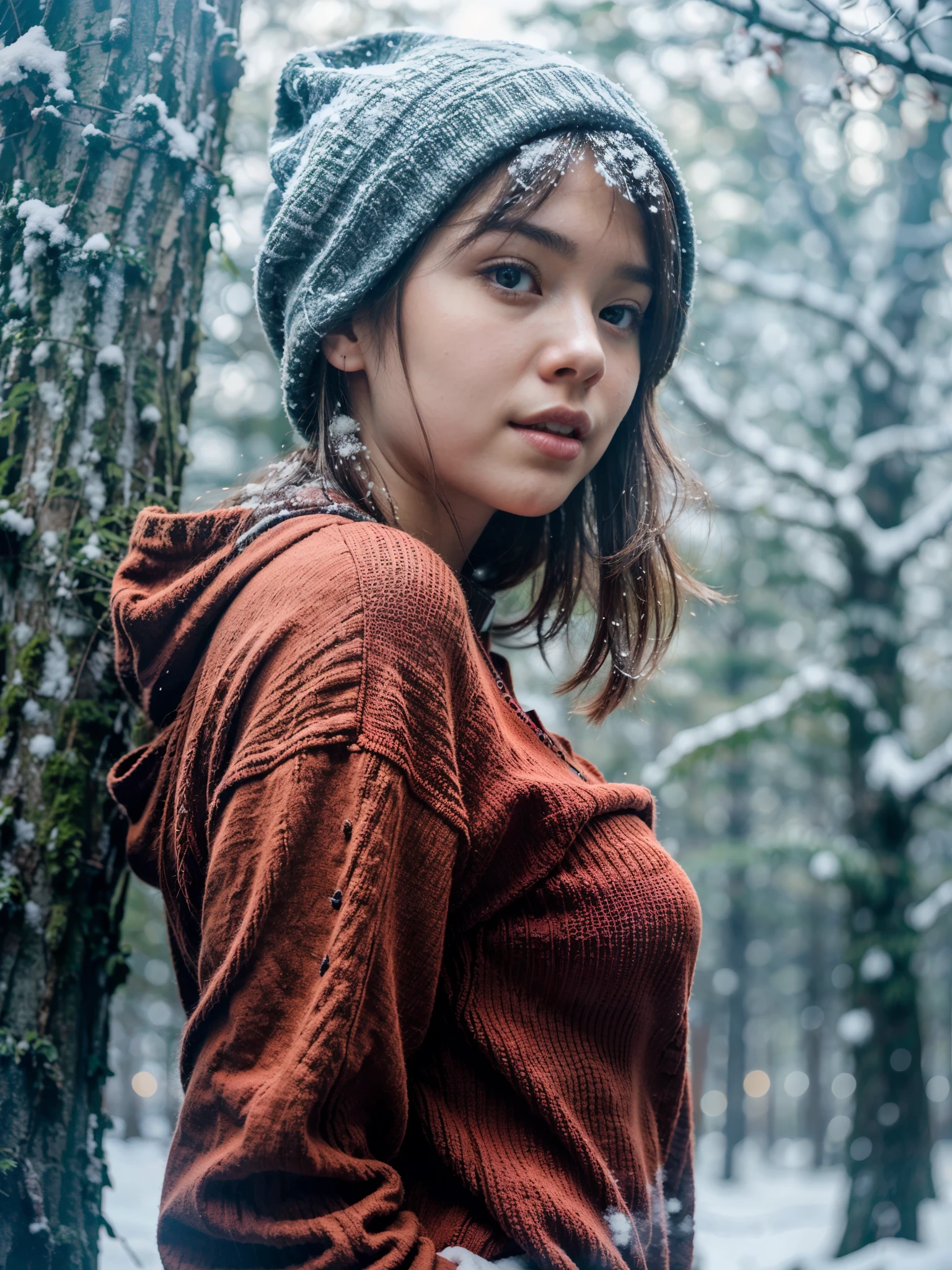 Photorealistic, (close up:1.2), low angle, (seen from below:1.1), a japanese young girls with hood, (long sleeve red sweater:1.2, bottomless), a hyperrealistic beautiful young girls with natural sagging breast, high detailed official artwork, beautiful girls with slim fit body and busty posture, attractive young girls (seductive poses:1.3, crossed arm hold on the breast), at bench in the natural forest with (snow:1.2), natural background, dubnitskiy david fanart, realistic portrait, smooth photorealistic, perfect visual of a cute girls, cute girls with skinice soft face, look at viewers, makoto shinkai and artgerm, photon mapping, natural light, greeney tones, vivid colors, playful ambient, foggy atmosphere