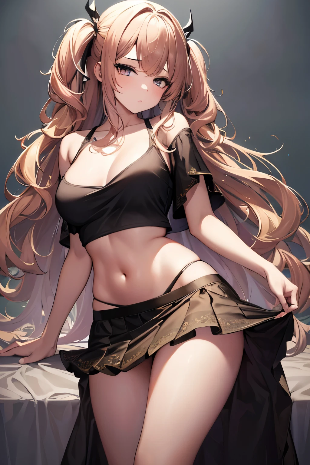 best quality, 32k, RAW photo, incredibly absurdres, extremely detailed, delicate texture, beautiful woman, wearing loose cropped t-shirt, flared skirt, skirt lift, two side up messy wavy hair, amorous and lewd expression, superlative body proportion, background pastel color, fractal art, art design