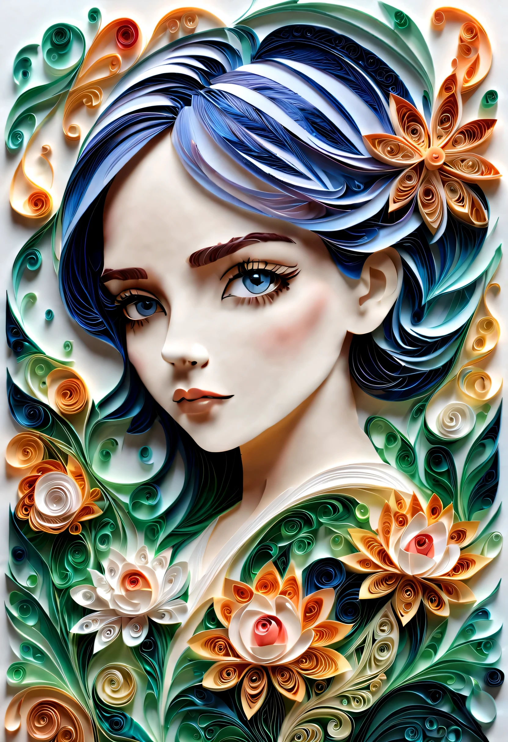 (paper art,layered paper art,paper quilling, 剪paper art术), pure white background, girl in the garden,(high detail, masterpiece, best quality, ultra high definition)