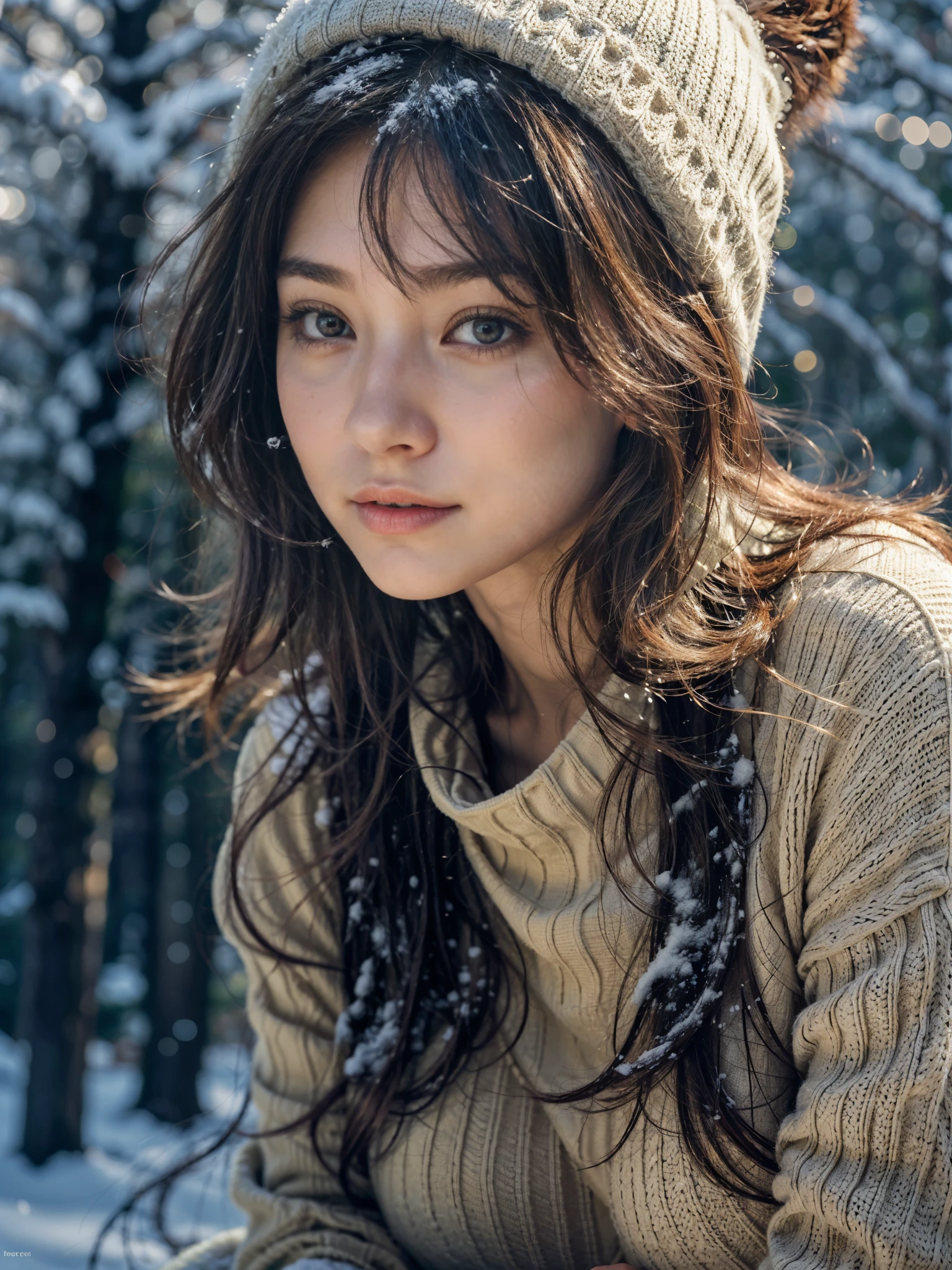 Photorealistic, (close up:1.2), low angle, (seen from below:1.1), a japanese young girls with hood, (long sleeve red sweater:1.2, bottomless), a hyperrealistic beautiful young girls with natural sagging breast, high detailed official artwork, beautiful girls with slim fit body and busty posture, attractive young girls (seductive poses:1.3, crossed arm hold on the breast), at bench in the natural forest with (snow:1.2), natural background, dubnitskiy david fanart, realistic portrait, smooth photorealistic, perfect visual of a cute girls, cute girls with skinice soft face, look at viewers, makoto shinkai and artgerm, photon mapping, natural light, greeney tones, vivid colors, playful ambient, foggy atmosphere