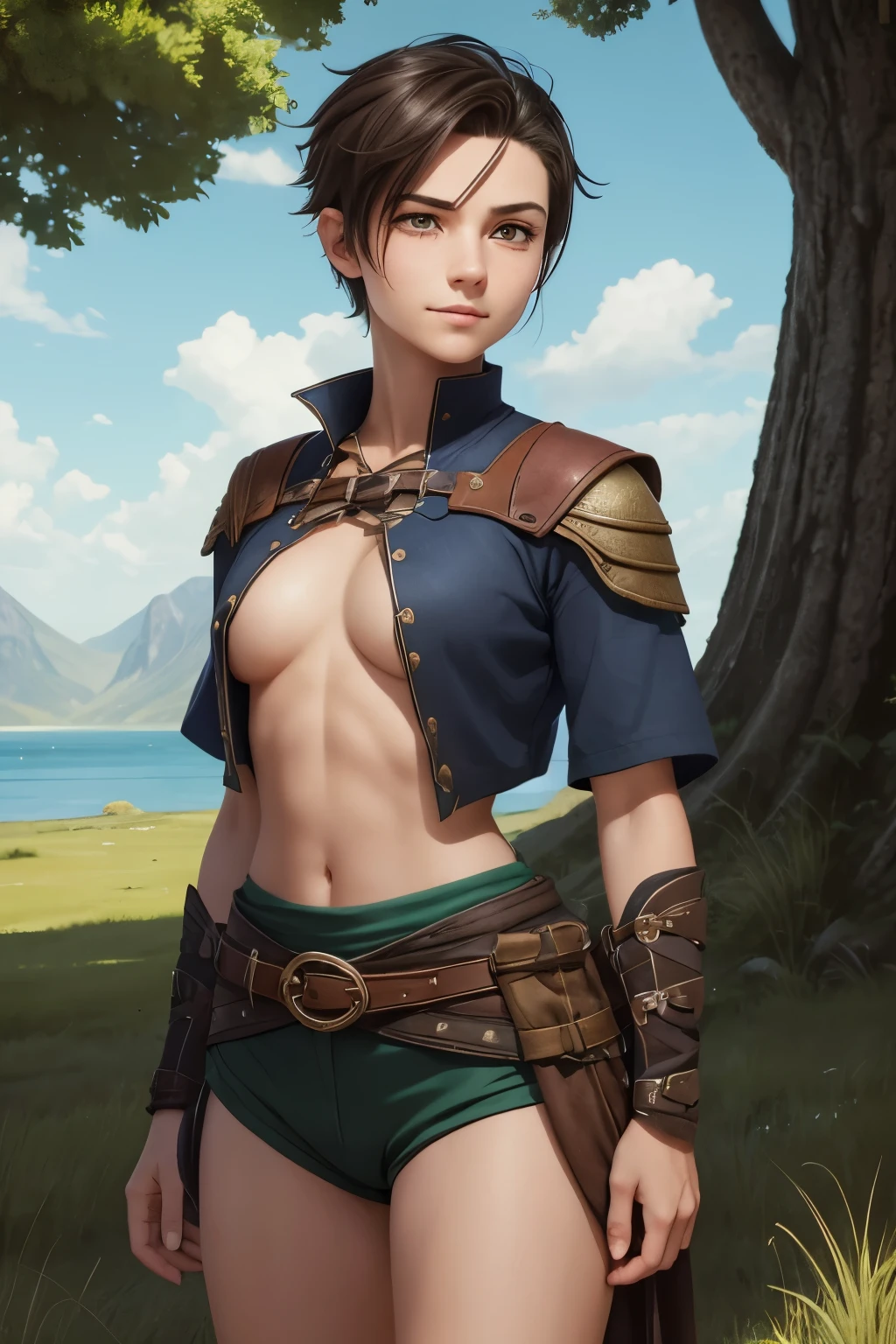 A happy young woman with an undercut in a fantasy setting. An adventurer and ranger. Very androgynous looking. In a good mood. Sympathic. Tomboyish. Androgynous. Slim body. Very . Very small breasts. Wide hips. Thick legs. Face: Extremly pale skin with liverspots and freckles. Soft narrow face with a round chin. Soft small jaw. Big forehead. Very thin barely visible eyebrows. Upturned big dark-brown eyes. Dark-brown eyecolour. Very long and wide nose. Big curved lips. Very short dark-brown hair. A boyish short haircut. Undercut. Sides shaved. A tight fantasy outfit of a lonley ranger and adventuerer. Background: Wide colourful plains. Green grass. A big lake. Shiny blue sky. Wonderful weather. Sense of wideness and freedom.