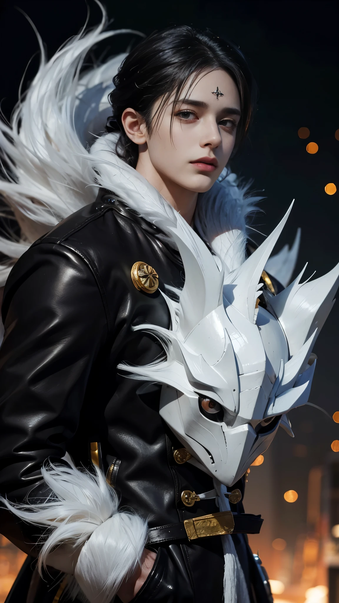 1 person, have golden eyes, Are standing, good looking,  (all back hairstyle) ,Luxury black long coat with white faux fur, good looking and muscular guy in demon slayer art, Geastic Live Graphics, realistic, dynamic pose, realistic, Detailed and correct facial structure, , Charm, Leon S. kennedy, cinematic lighting, unreal engine, Trending at Art Station, intricate details, masterpiece, highest quality, Written by Irakli Nadal, greg latkowski，(((highest quality))),(((super detailed))),(((masterpiece)))