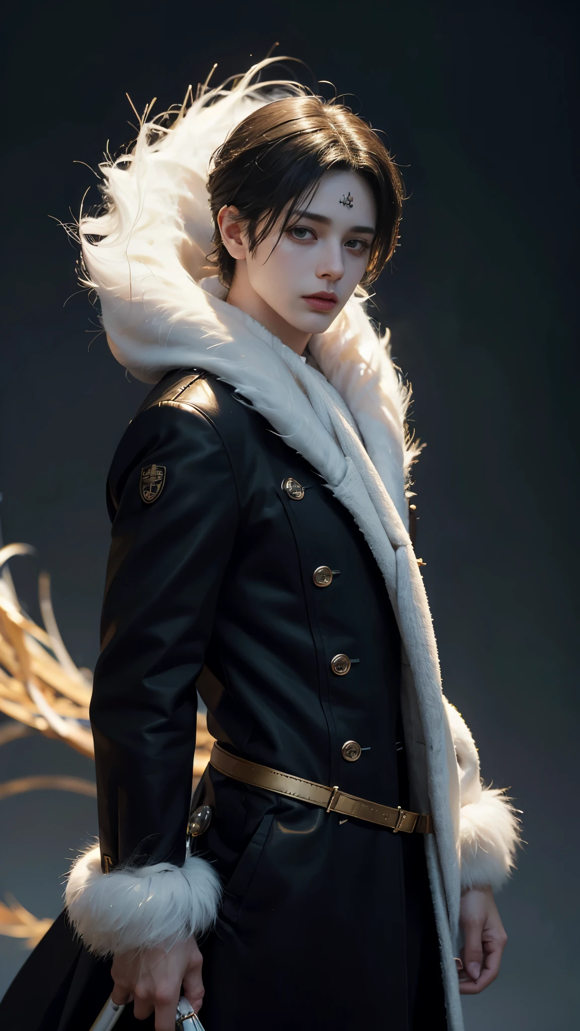 1 person, have golden eyes, Are standing, good looking,  (all back hairstyle) ,Luxury black long coat with white faux fur, good looking and muscular guy in demon slayer art, Geastic Live Graphics, realistic, dynamic pose, realistic, Detailed and correct facial structure, , Charm, Leon S. kennedy, cinematic lighting, unreal engine, Trending at Art Station, intricate details, masterpiece, highest quality, Written by Irakli Nadal, greg latkowski，(((highest quality))),(((super detailed))),(((masterpiece)))