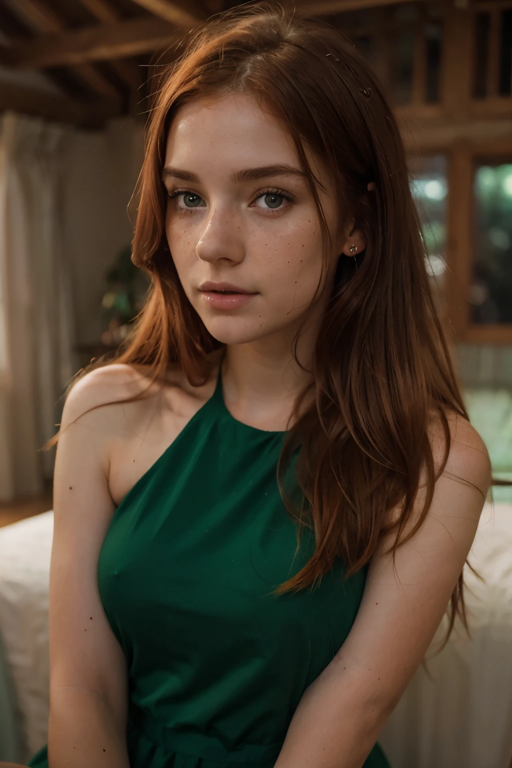 a 20 yo Irish girl, in love, blushed, long red hair, beautiful and innocent face with some freckles, emerald green cocktail dress, perky, medium breast, party background, desaturated background, bokeh, dark theme, soothing tones, muted colors, high contrast,(natural skin texture, hyperrealism, soft light, sharp),(close-up shot) artistic photoshoot.