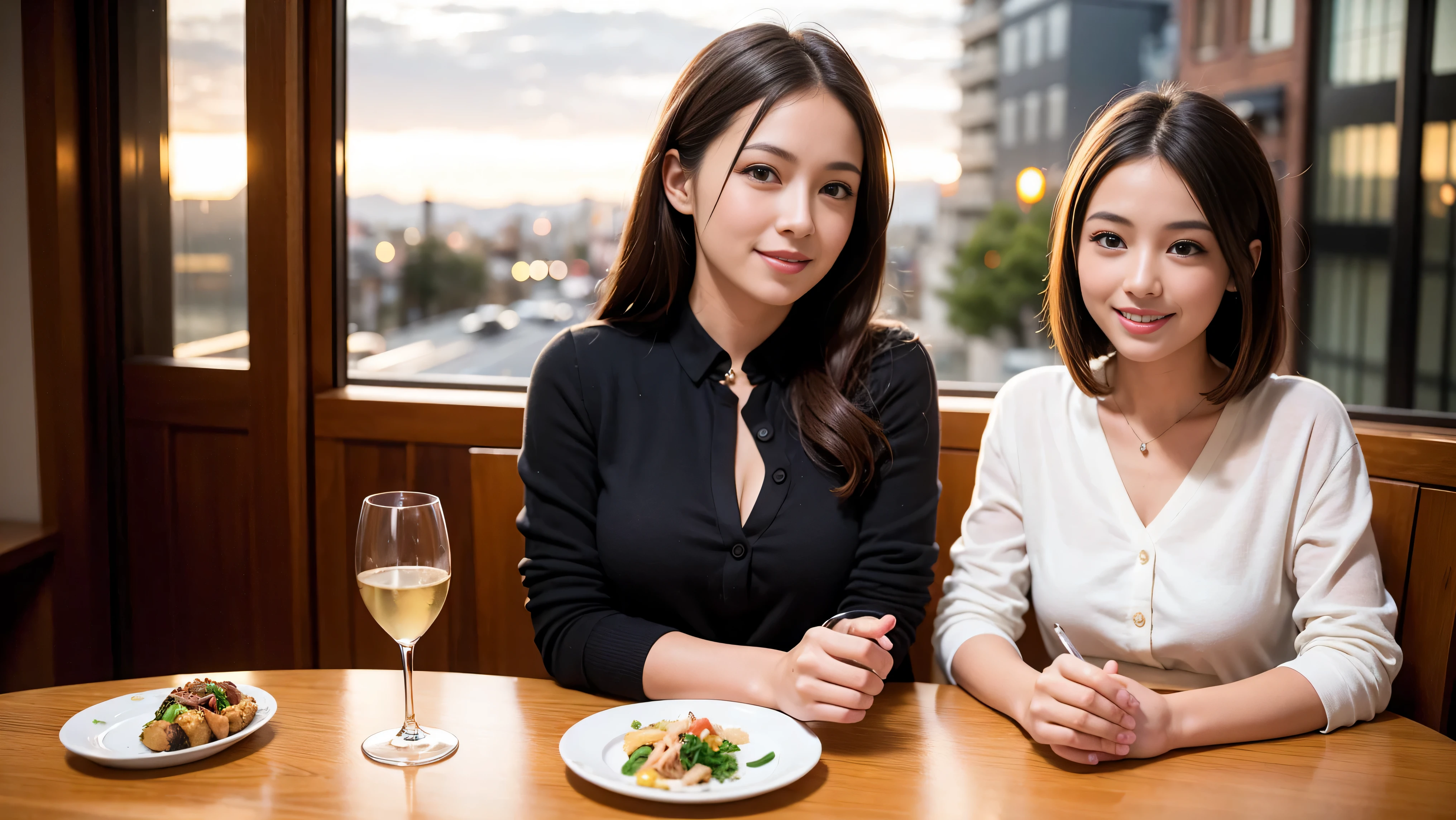 (including 64k, nffsw, highest quality, table top: 1.2), (realistic, photorealistic: 1.37),Spectacular view of the sunset sky and clouds、Amazing mountain views、 long sleeve shirt、winter fashion、Columbia、Brazilian、Japanese、Dutch、German、Portuguese、Belgian、Italian、French,Champagne、sparkling wine、 (slimフェイス), (slimボティ), (brown hair), (shortcut), neat beauty、cheeks turn a little red, (35 years old), 38 years old, alone, 窓の外には美しく緻密なnight景が広がります., restaurant, wine glassが座っている, nightに, in a prominent place (from the Upper body) nova frog style, actress, model, Upper body, White wine, slim, wine glass, Super Clean night View, wine glass Put in the Middle, Happy smile, (smile: 1.15), beautiful and detailed eyes, Upper body, bust japan up, night, short, short, actress, model, Upper body, White wine, slim, wine glass, Super Clean night View, wine glass Put in the Middle, Happy smile,