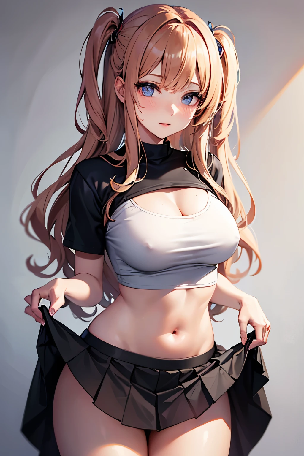 best quality, 32k, RAW photo, incredibly absurdres, extremely detailed, delicate texture, beautiful woman, wearing loose cropped t-shirt, flared skirt, skirt lift, two side up messy wavy hair, amorous and lewd expression, superlative body proportion, background pastel color, fractal art, art design