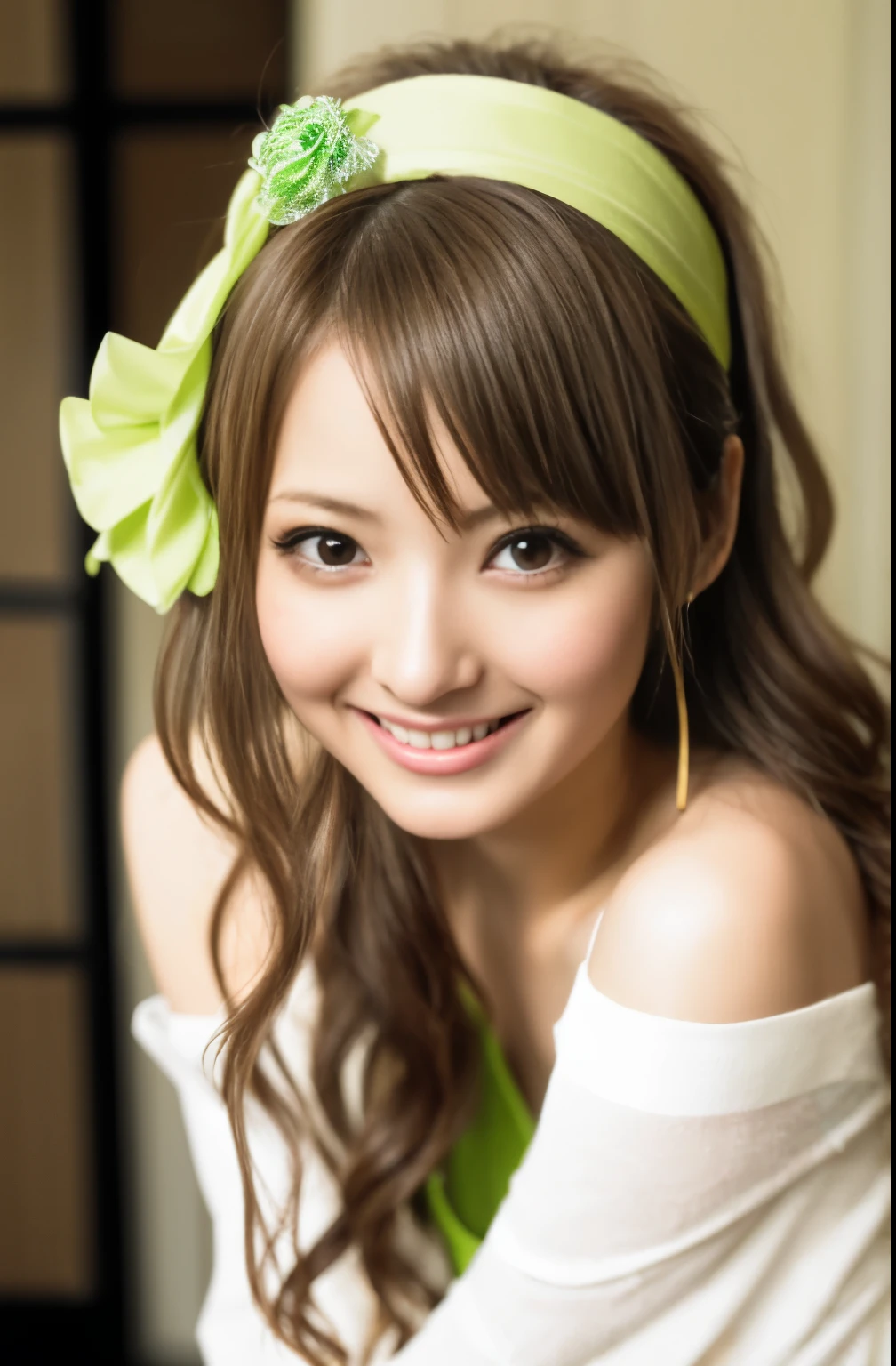 woman with a green headband posing for a picture, a picture by Ai-Mitsu, pixiv, shin hanga, beautiful japanese girls face, light green tone beautiful face, kawaii hairstyle, attractive anime girl, cute seductive smile, portrait of japanese gyaru, deayami kojima, ayami kojima amano, cute round green slanted eyes