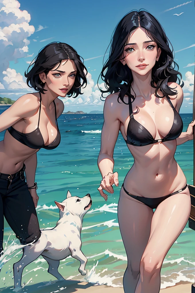 A lovely woman ((Cate Blanchett|Salma Hayek) Age 19, waist length black hair) wearing a colorful bikini, is chasing a puppy that stole her top, laughter, panic, show her full body