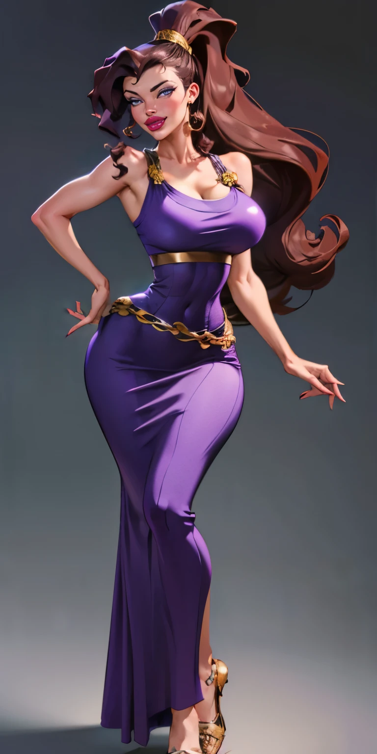 (best quality,4k,8k,highres,masterpiece:1.2),ultra-detailed),HDR,UHD,1girl, full body of beautiful megara, bare shoulders, long purple dress, looking at viewer, volumetric lighting, best quality, masterpiece, realistic , (gigantic breasts), 1girl, face portrait of megara, evil smile, high ponytail, long hair, bare shoulders, long purple dress,volumetric lighting, best quality, masterpiece, retro artstyle,
