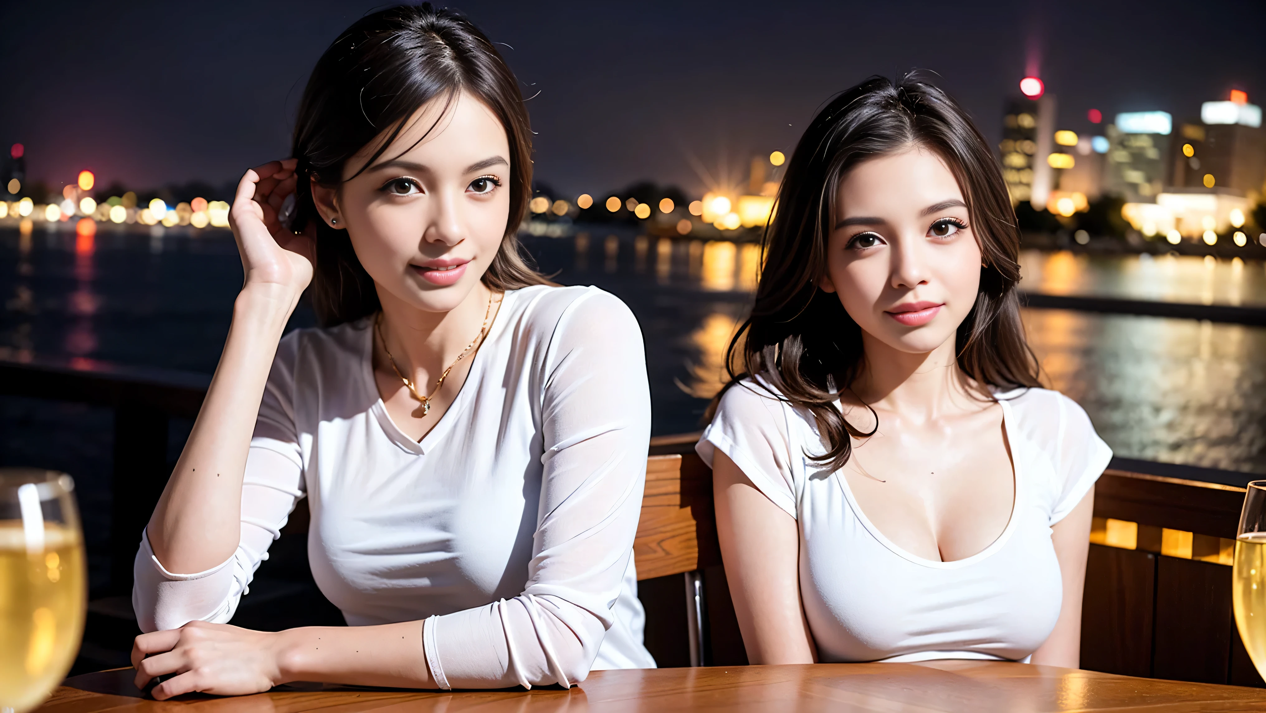 (including 64k, nffsw, highest quality, table top: 1.2), (realistic, photorealistic: 1.37), Spectacular view of the sunset sky and clouds、Amazing mountain views、long sleeve shirt、winter fashion、Columbia、Brazilian、Japanese、Dutch、German、Portuguese、Belgian、Italian、French,Champagne、sparkling wine、 (slimフェイス), (slimボティ), (brown hair), (shortcut), neat beauty、cheeks turn a little red, (35 years old), 38 years old, alone, 窓の外には美しく緻密なnight景が広がります., restaurant, wine glassが座っている, nightに, in a prominent place (from the Upper body) nova frog style, actress, model, Upper body, White wine, slim, wine glass, Super Clean night View, wine glass Put in the Middle, Happy smile, (smile: 1.15), beautiful and detailed eyes, Upper body, bust japan up, night, short, short, actress, model, Upper body, White wine, slim, wine glass, Super Clean night View, wine glass Put in the Middle, Happy smile,